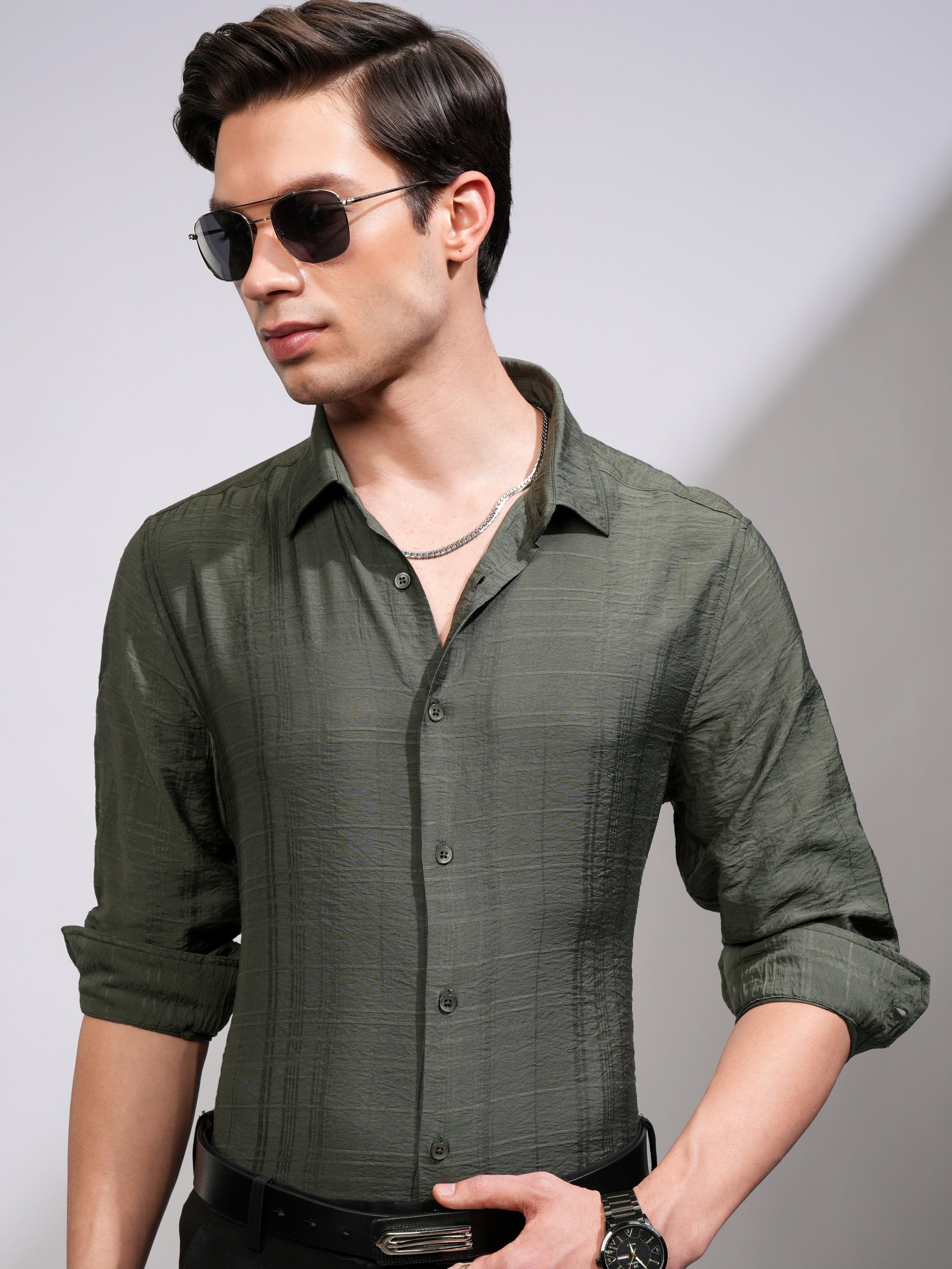 Highlander Men Green Checked Slim Fit Casual Shirt - Green - Image 1