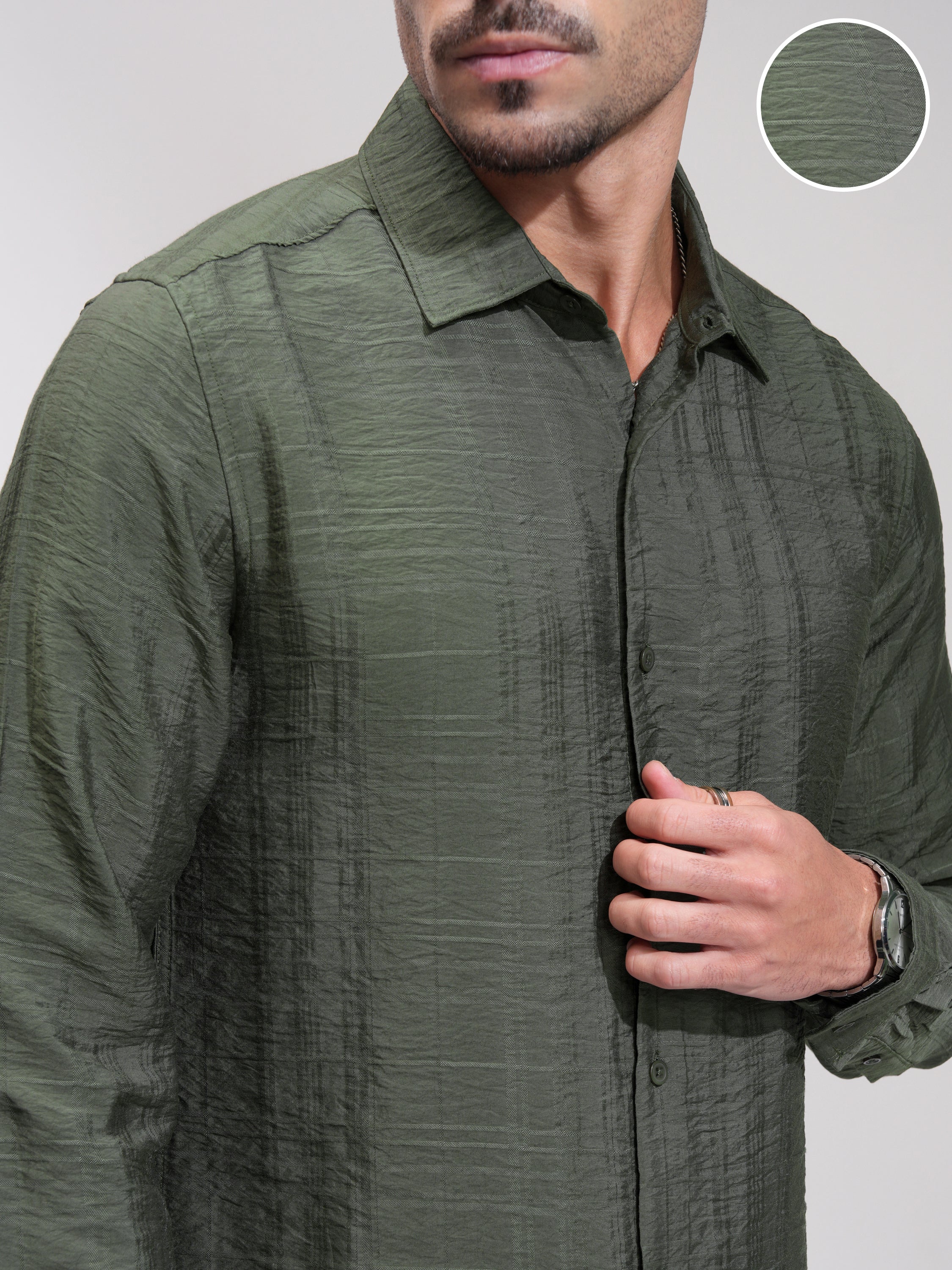Highlander Men Green Textured Slim Fit Casual Shirt - Green - Image 5