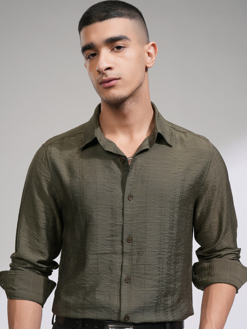 Highlander Men Olive Checked Slim Fit Casual Shirt - Olive - Image 1