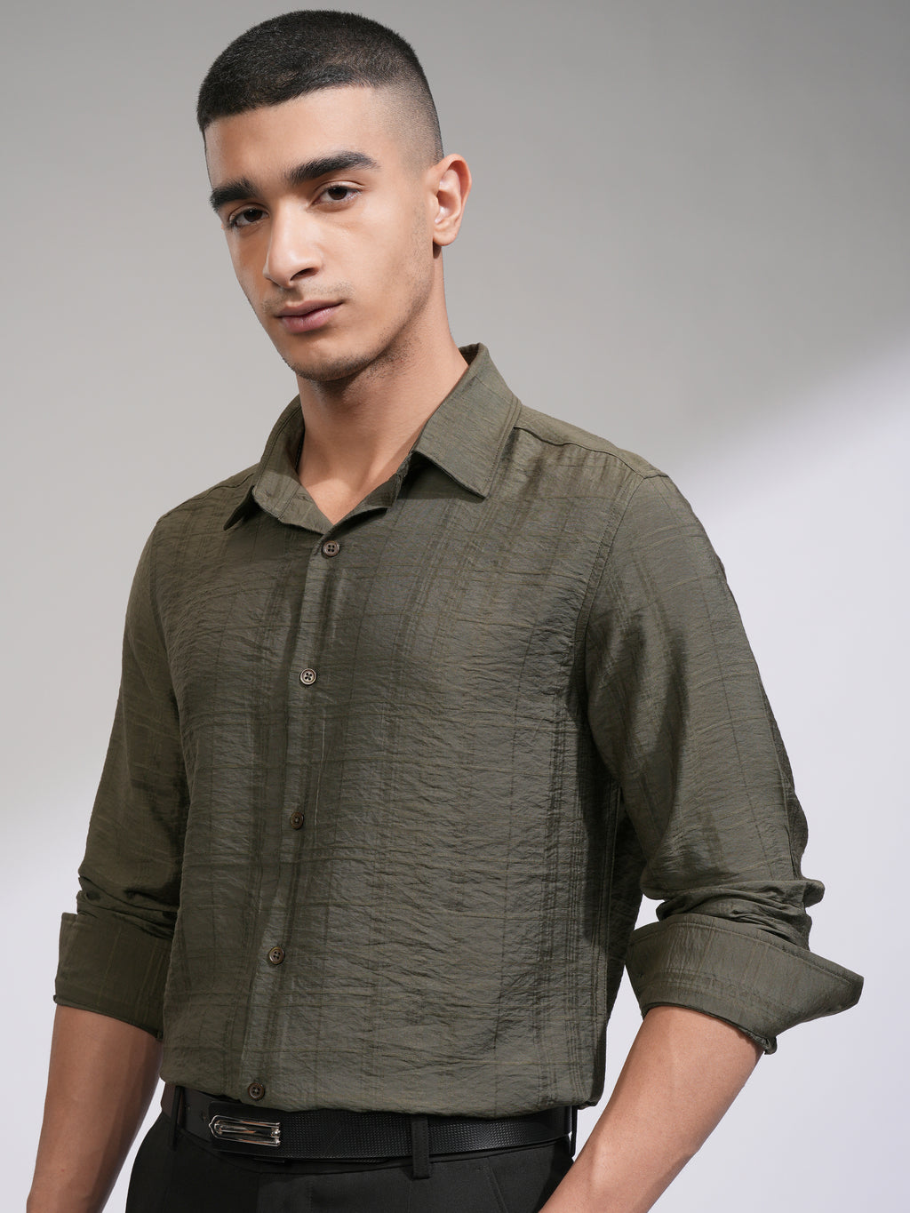 Highlander Men Olive Checked Slim Fit Casual Shirt - Olive - Image 4