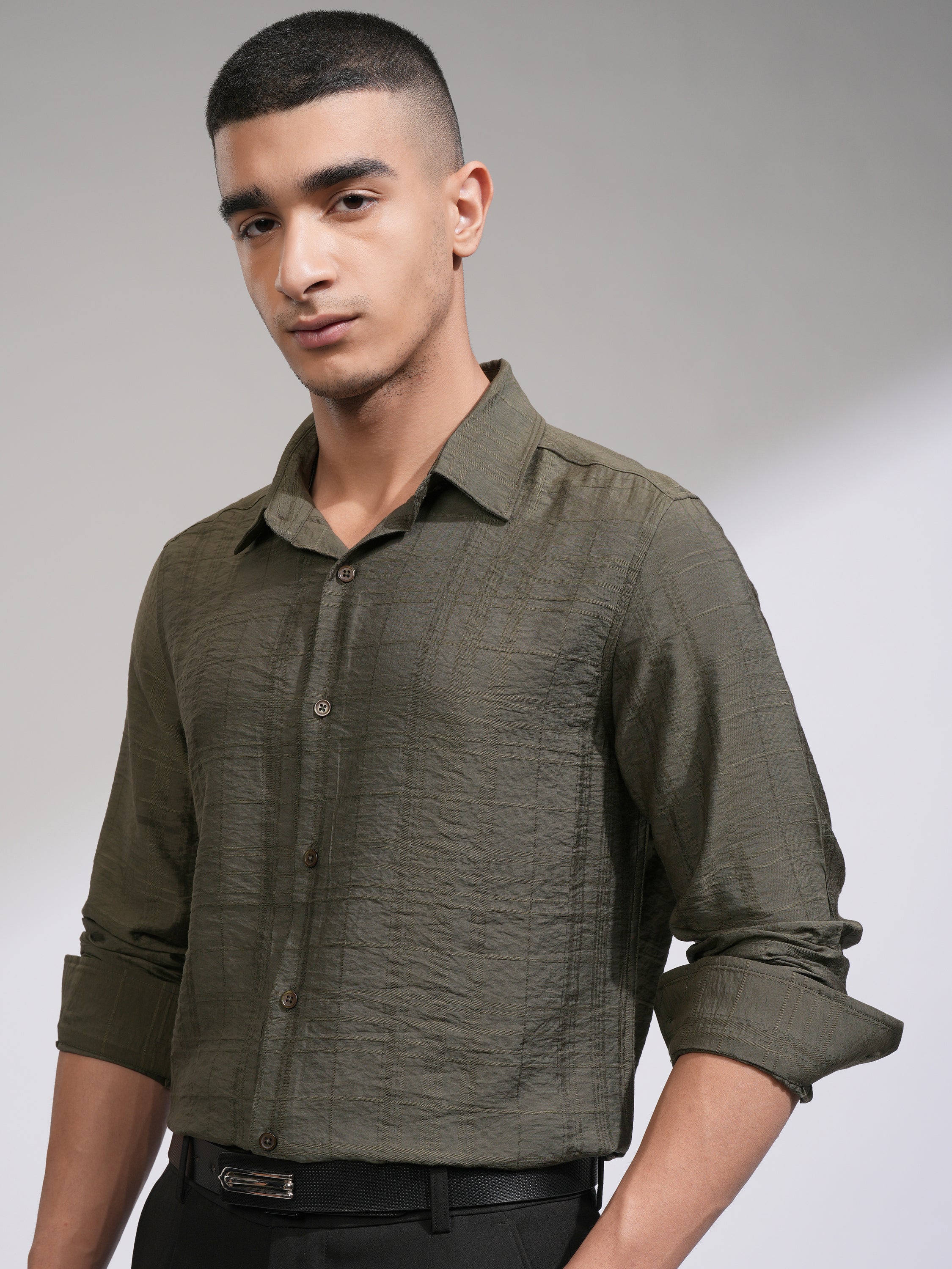 Highlander Men Olive Checked Slim Fit Casual Shirt - Olive - Image 4