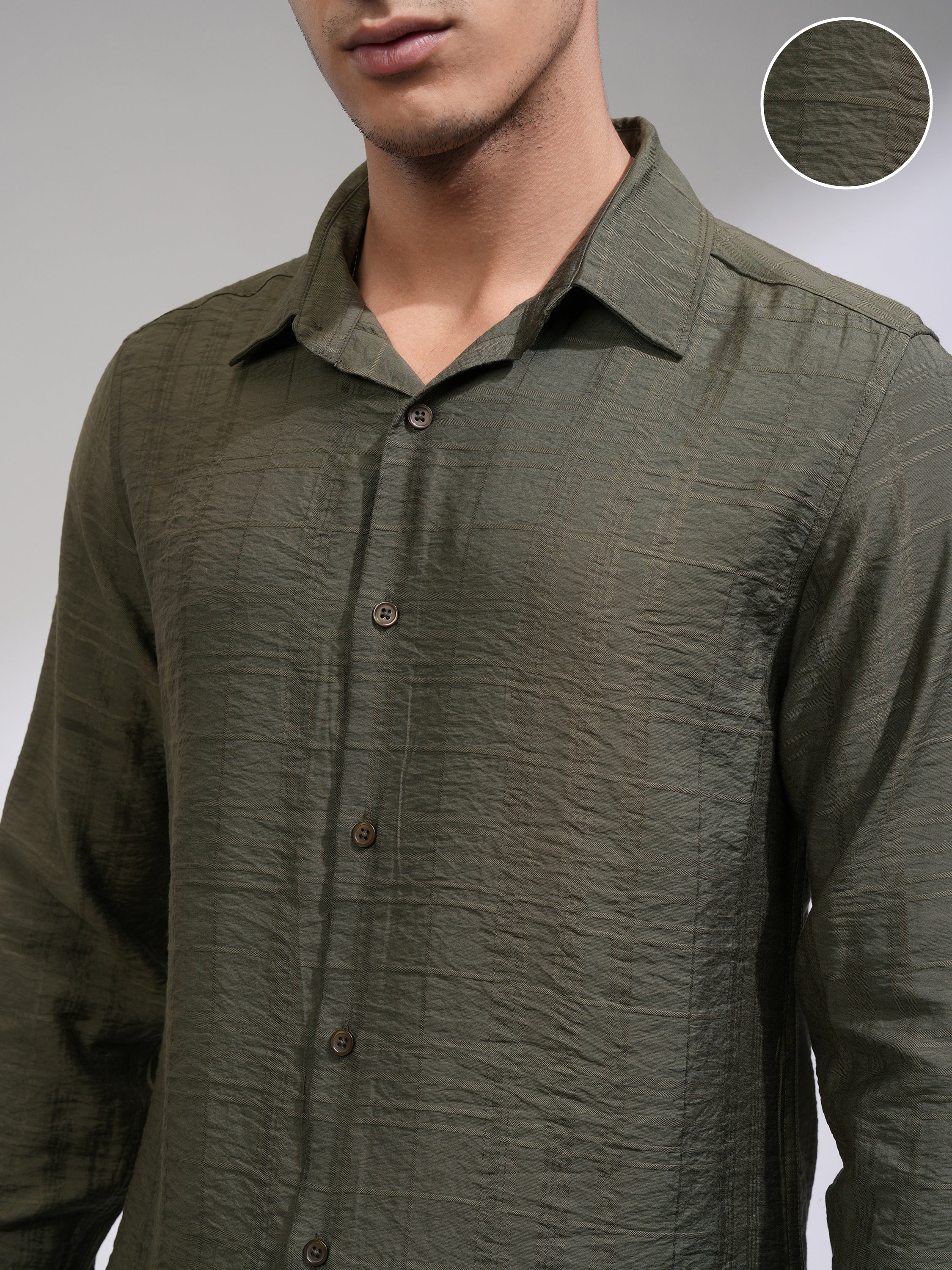 Highlander Men Olive Checked Slim Fit Casual Shirt - Olive - Image 5