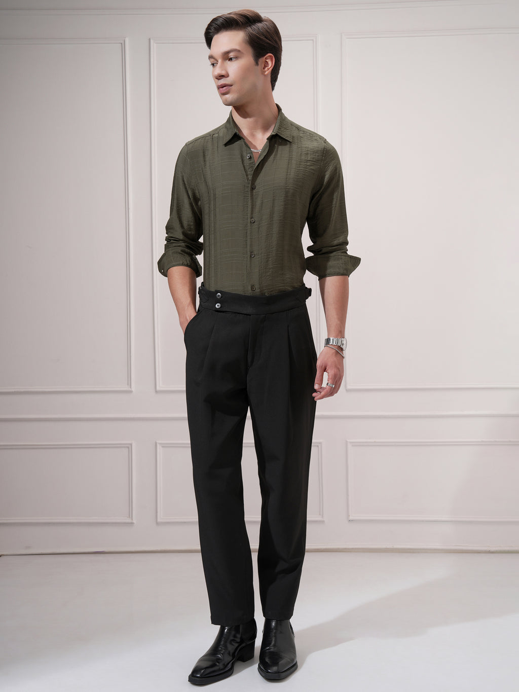 Highlander Men Olive Checked Slim Fit Casual Shirt - Olive - Image 2