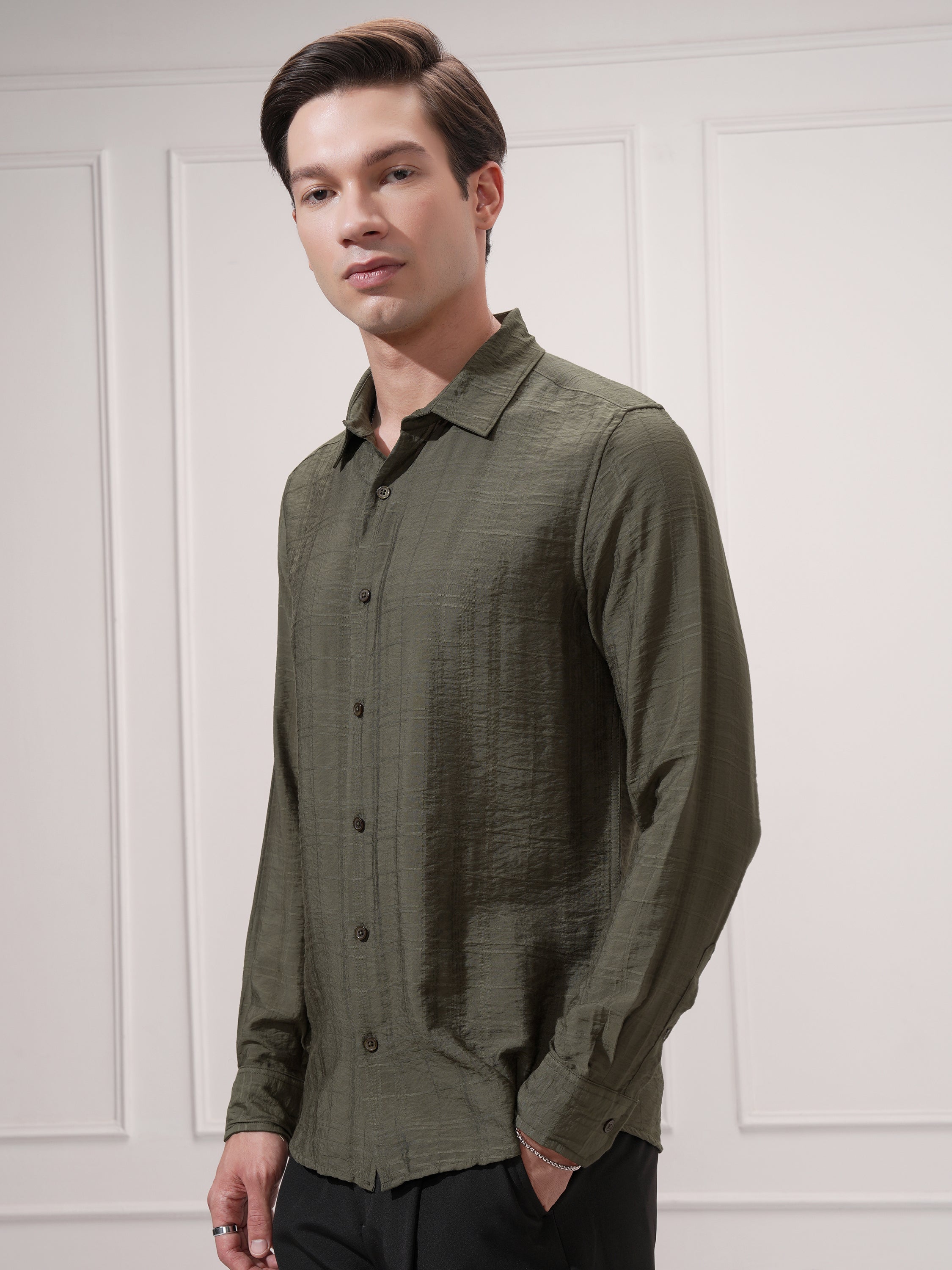 Highlander Men Olive Checked Slim Fit Casual Shirt - Olive - Image 4