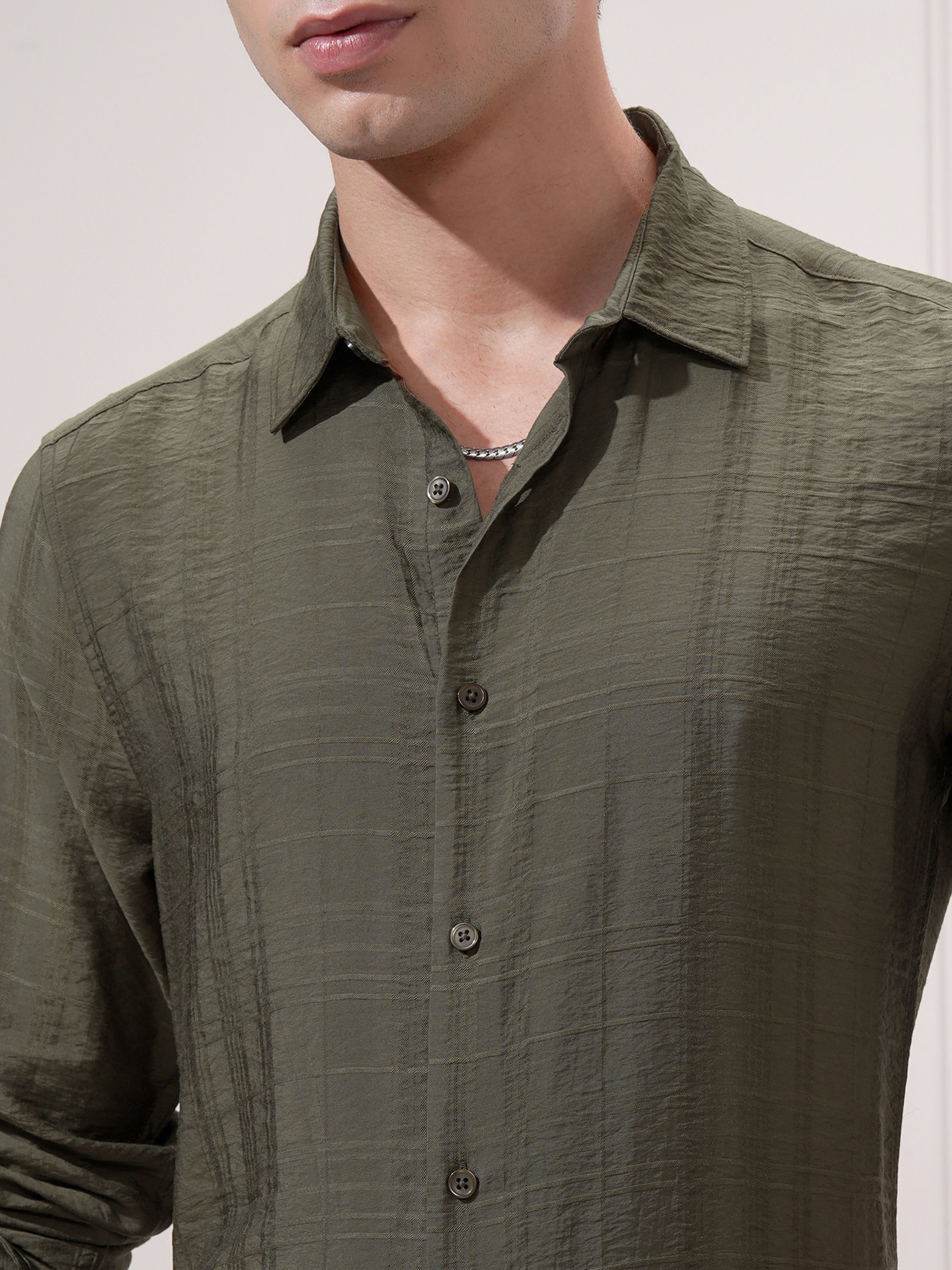 Highlander Men Olive Checked Slim Fit Casual Shirt - Olive - Image 5