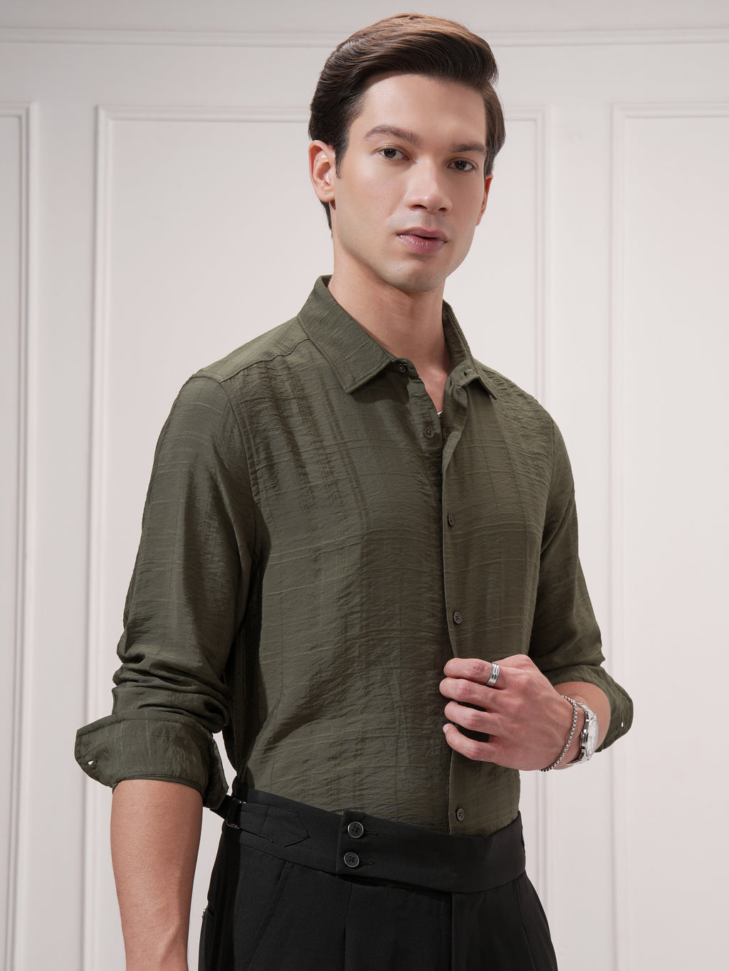 Highlander Men Olive Checked Slim Fit Casual Shirt - Olive - Image 6