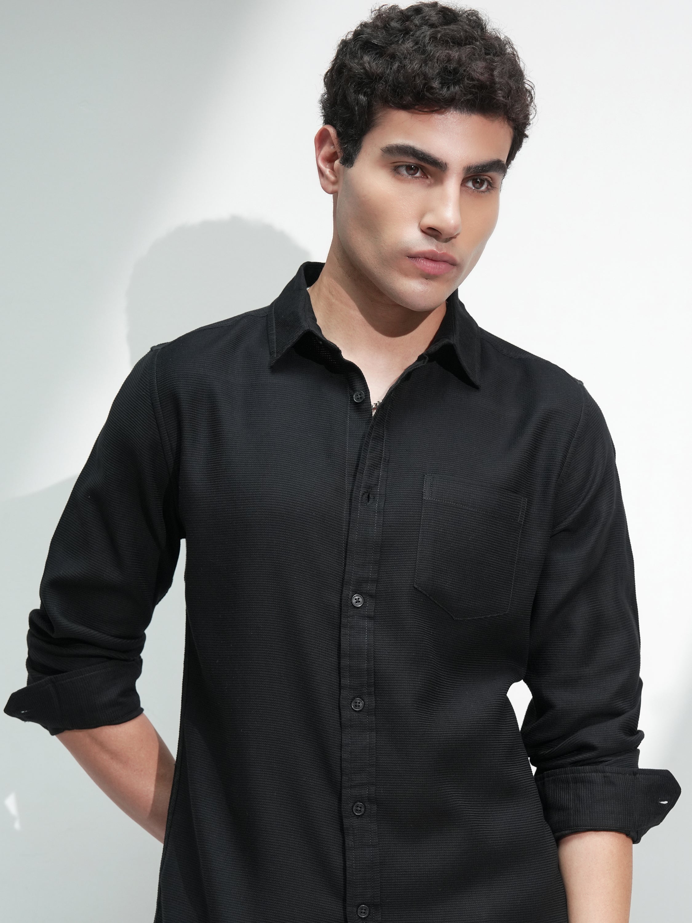 Highlander Men Black Solid Slim Fit Casual Shirt - Black - Image 1
