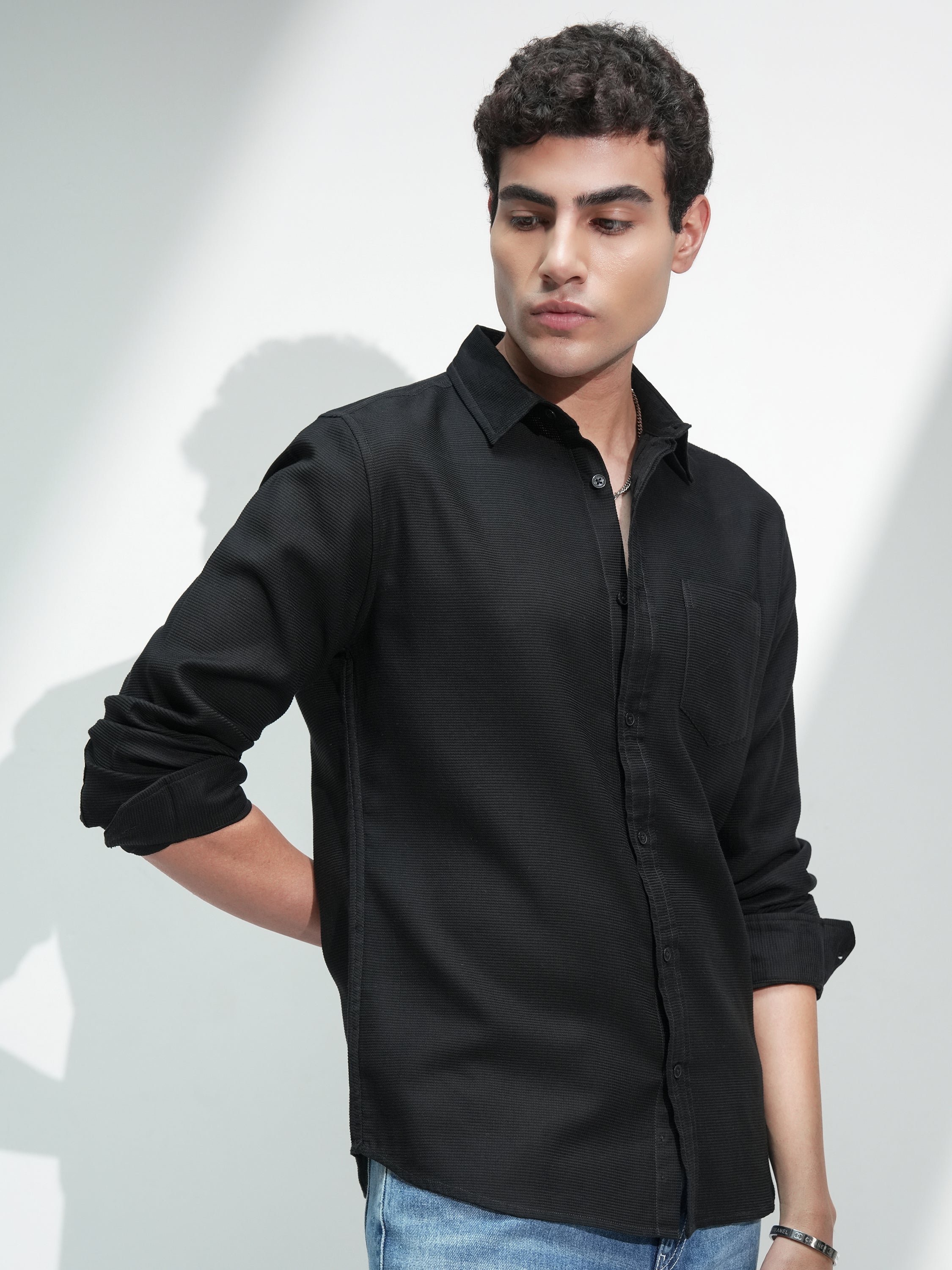 Highlander Men Black Solid Slim Fit Casual Shirt - Black - Image 6