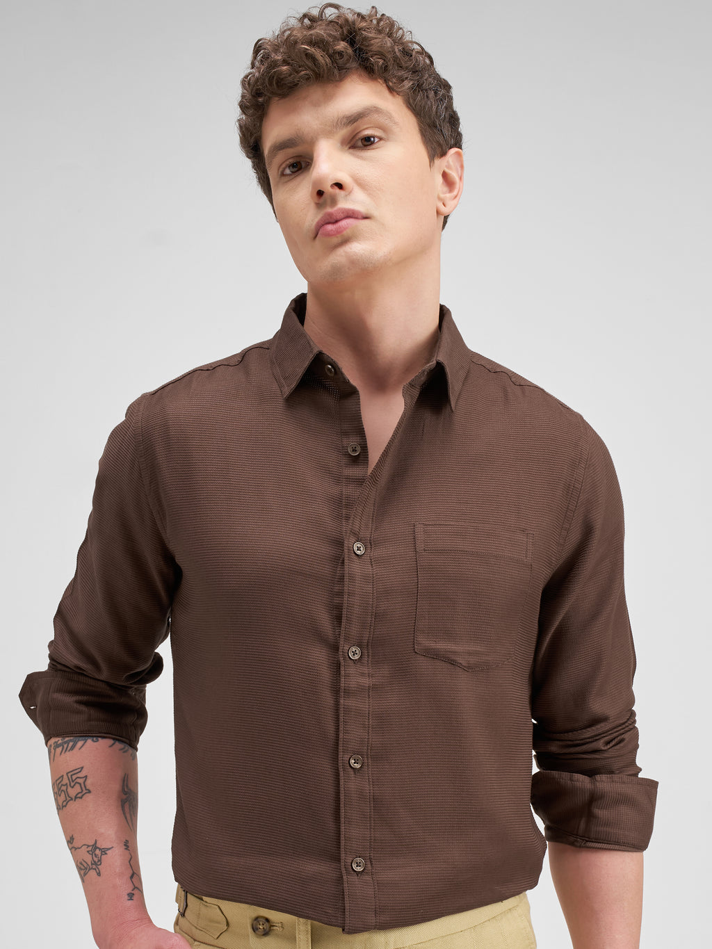 Highlander Men Brown Self Design Slim Fit Casual Shirt - Brown - Image 1