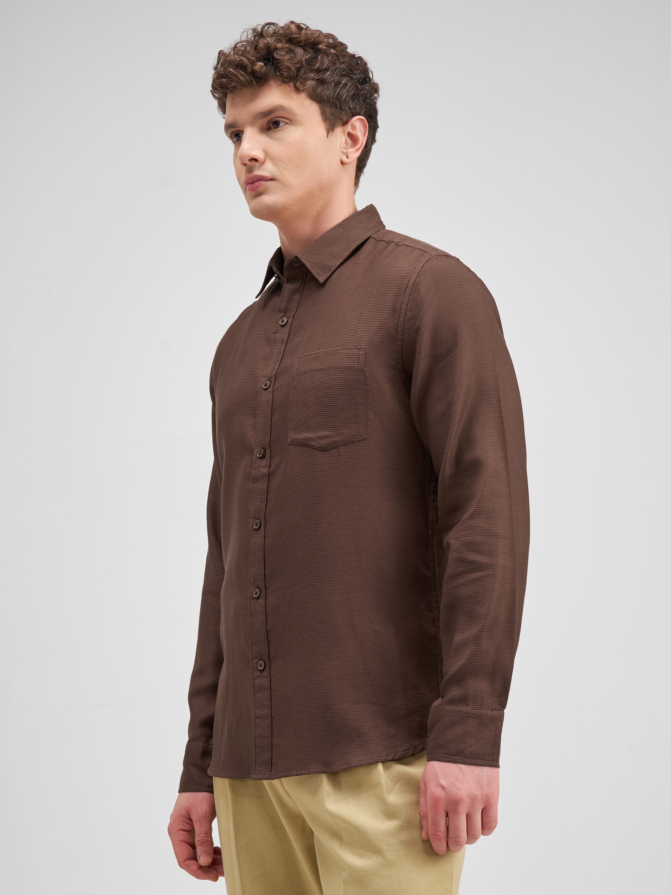 Highlander Men Brown Self Design Slim Fit Casual Shirt - Brown - Image 4