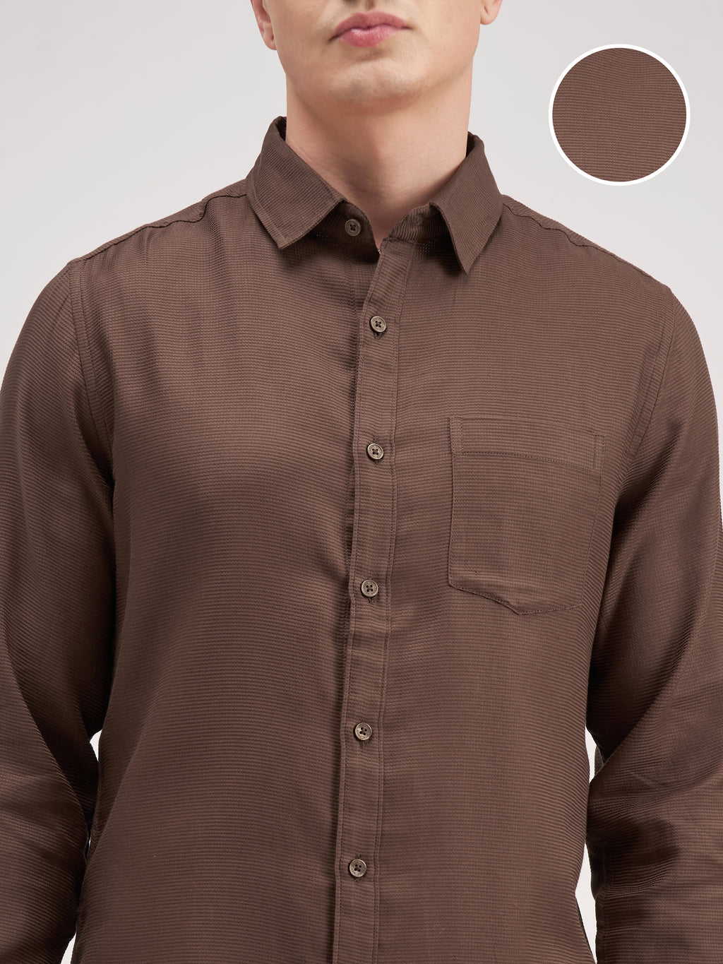 Highlander Men Brown Self Design Slim Fit Casual Shirt - Brown - Image 5