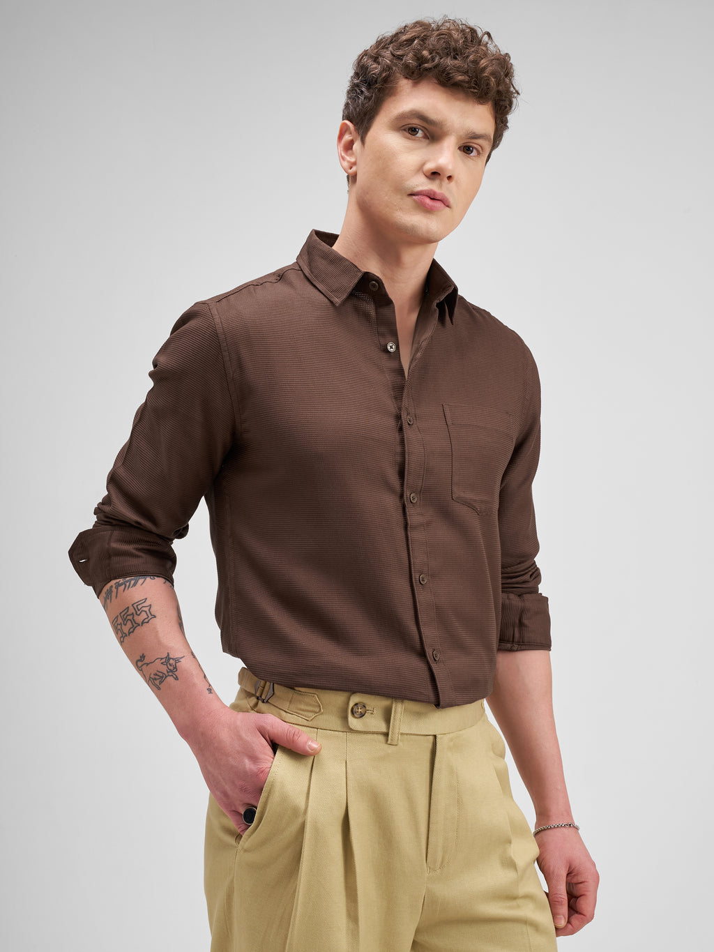 Highlander Men Brown Self Design Slim Fit Casual Shirt - Brown - Image 6