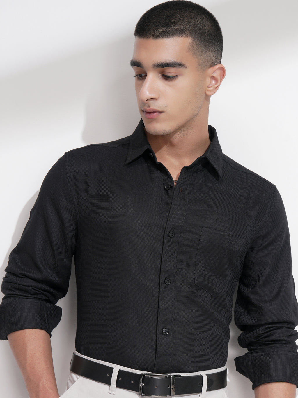 Highlander Men Black Self Design Slim Fit Casual Shirt - Black - Image 1