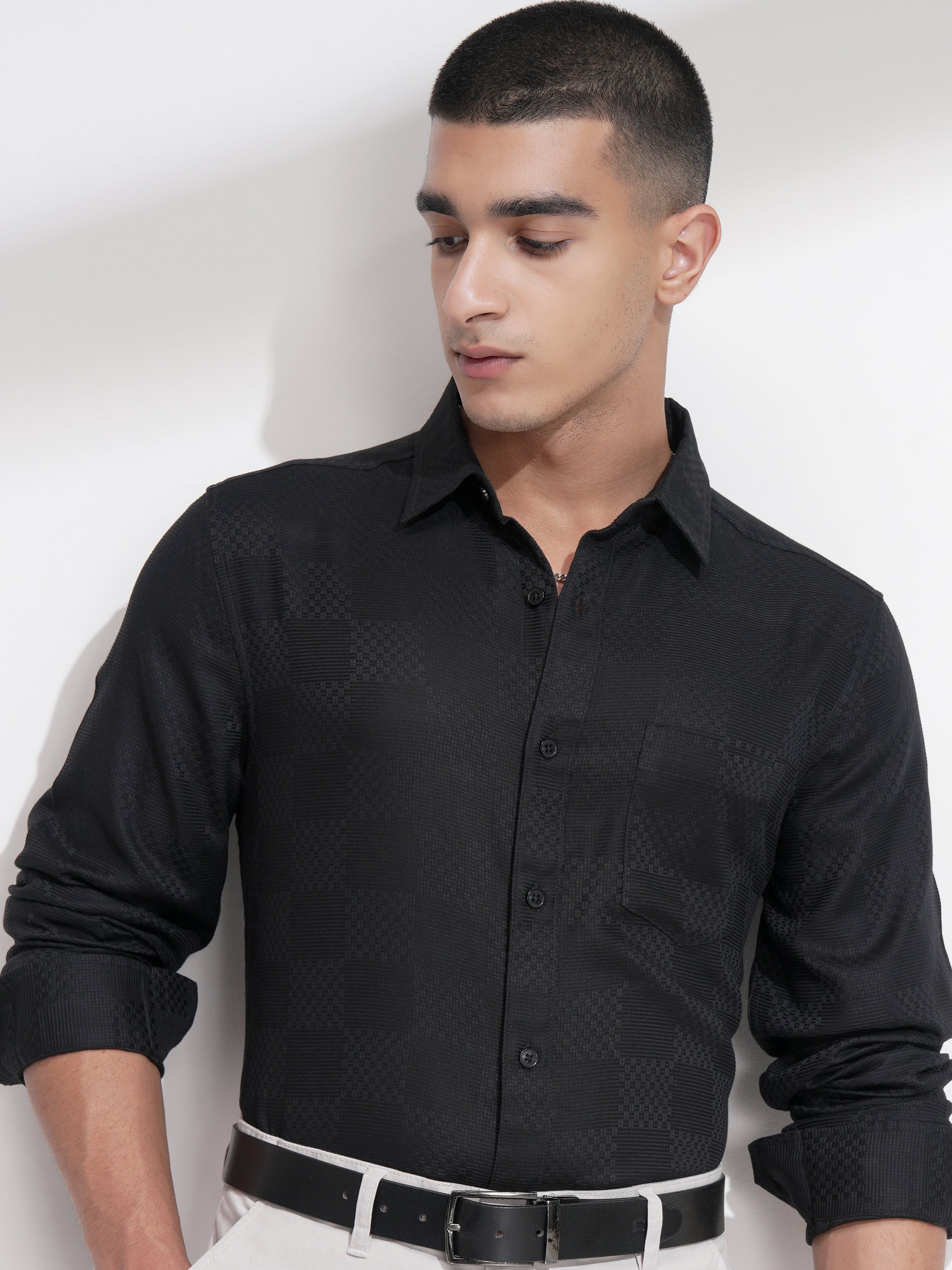 Highlander Men Black Self Design Slim Fit Casual Shirt - Black - Image 1