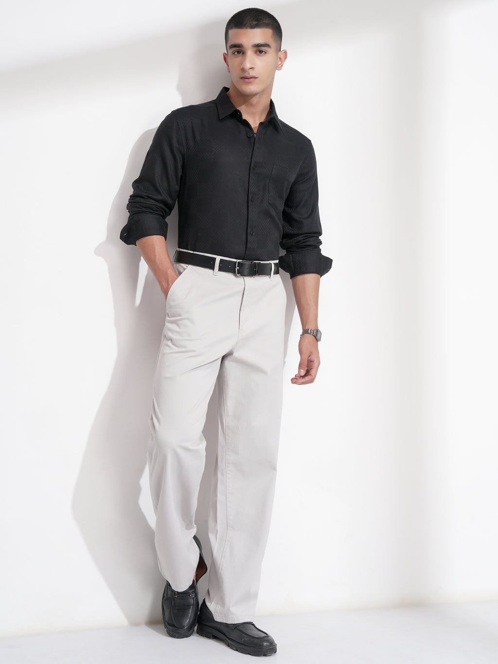 Highlander Men Black Self Design Slim Fit Casual Shirt - Black - Image 2