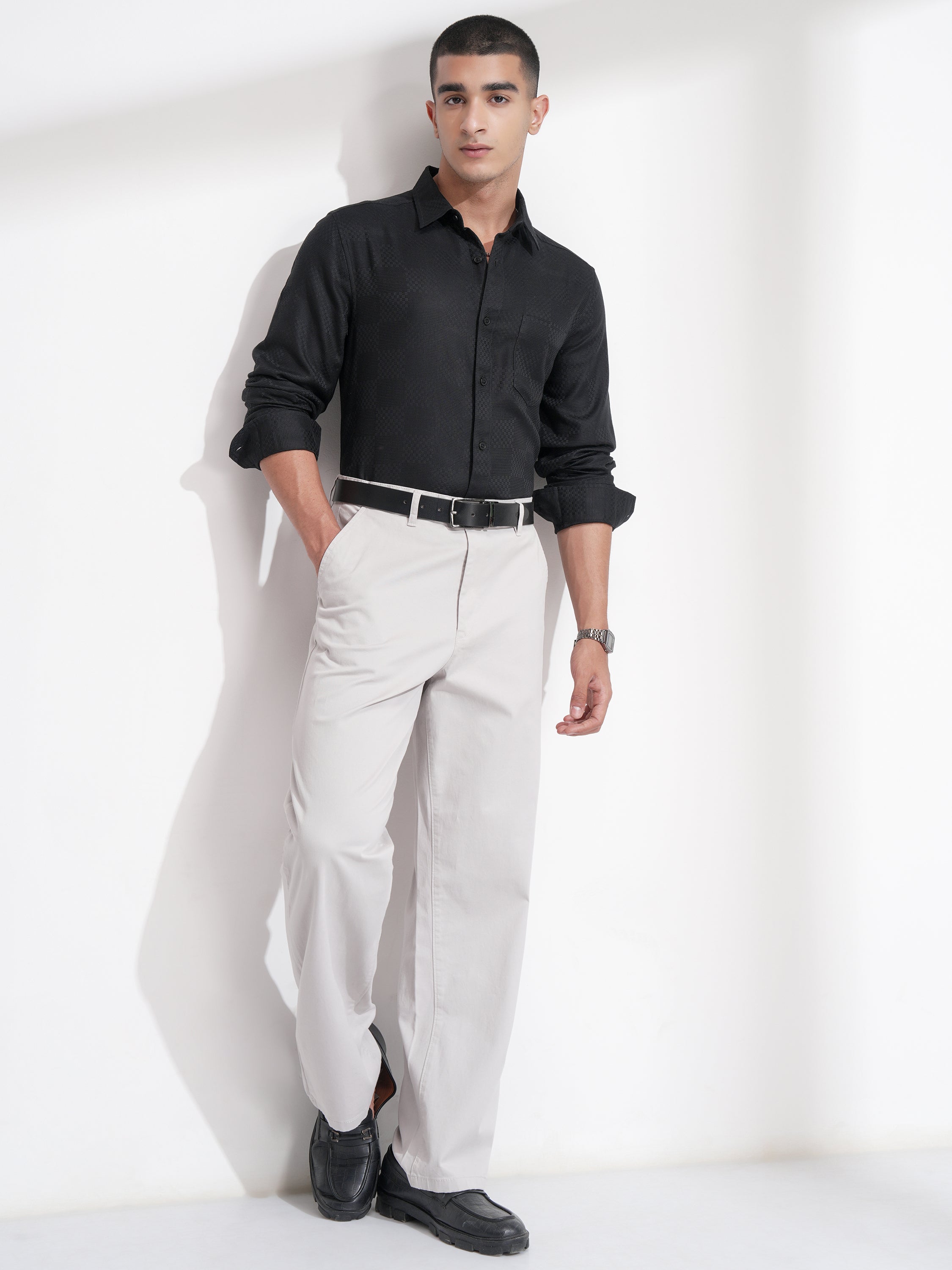 Highlander Men Black Self Design Slim Fit Casual Shirt - Black - Image 2