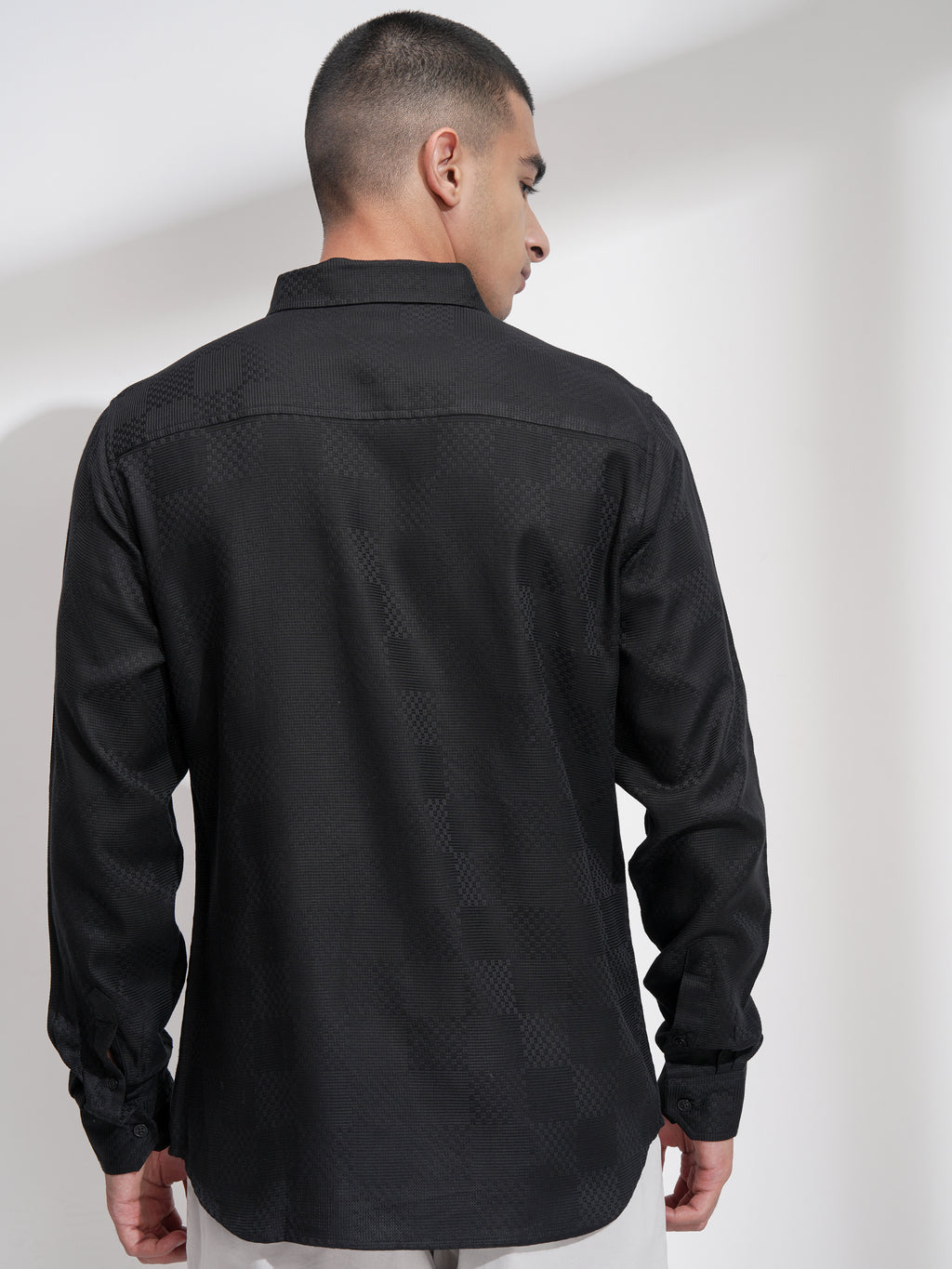 Highlander Men Black Self Design Slim Fit Casual Shirt - Black - Image 3