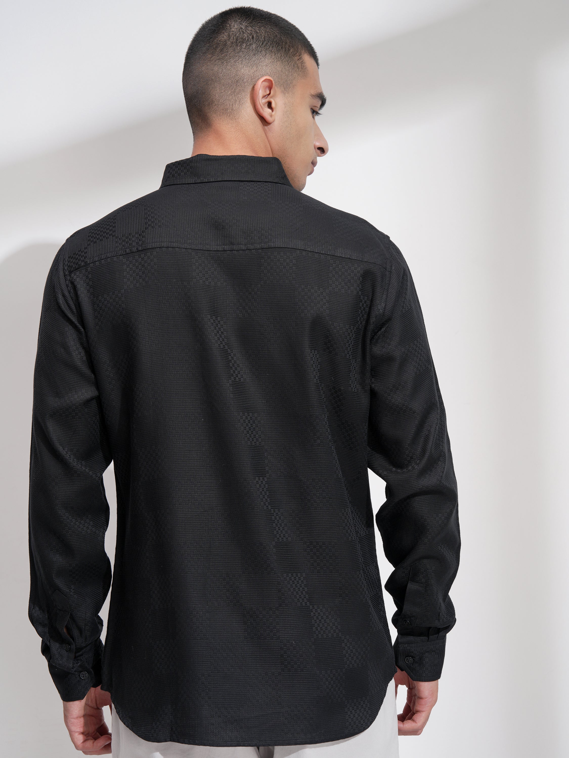 Highlander Men Black Self Design Slim Fit Casual Shirt - Black - Image 3
