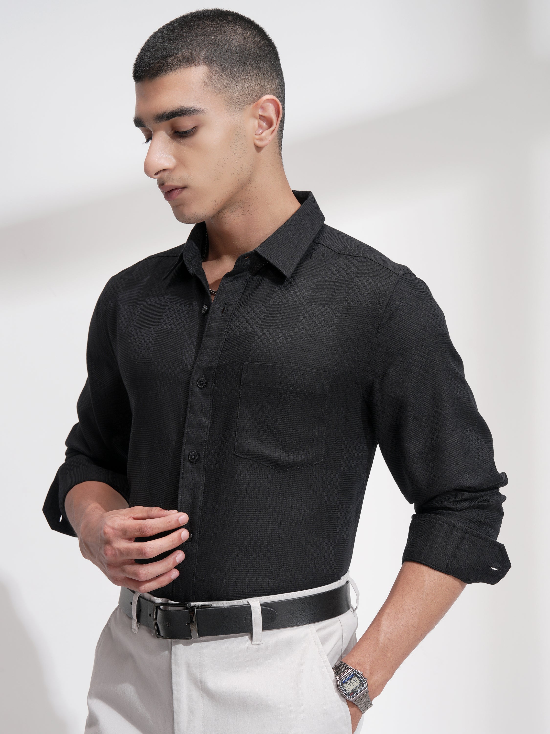 Highlander Men Black Self Design Slim Fit Casual Shirt - Black - Image 4