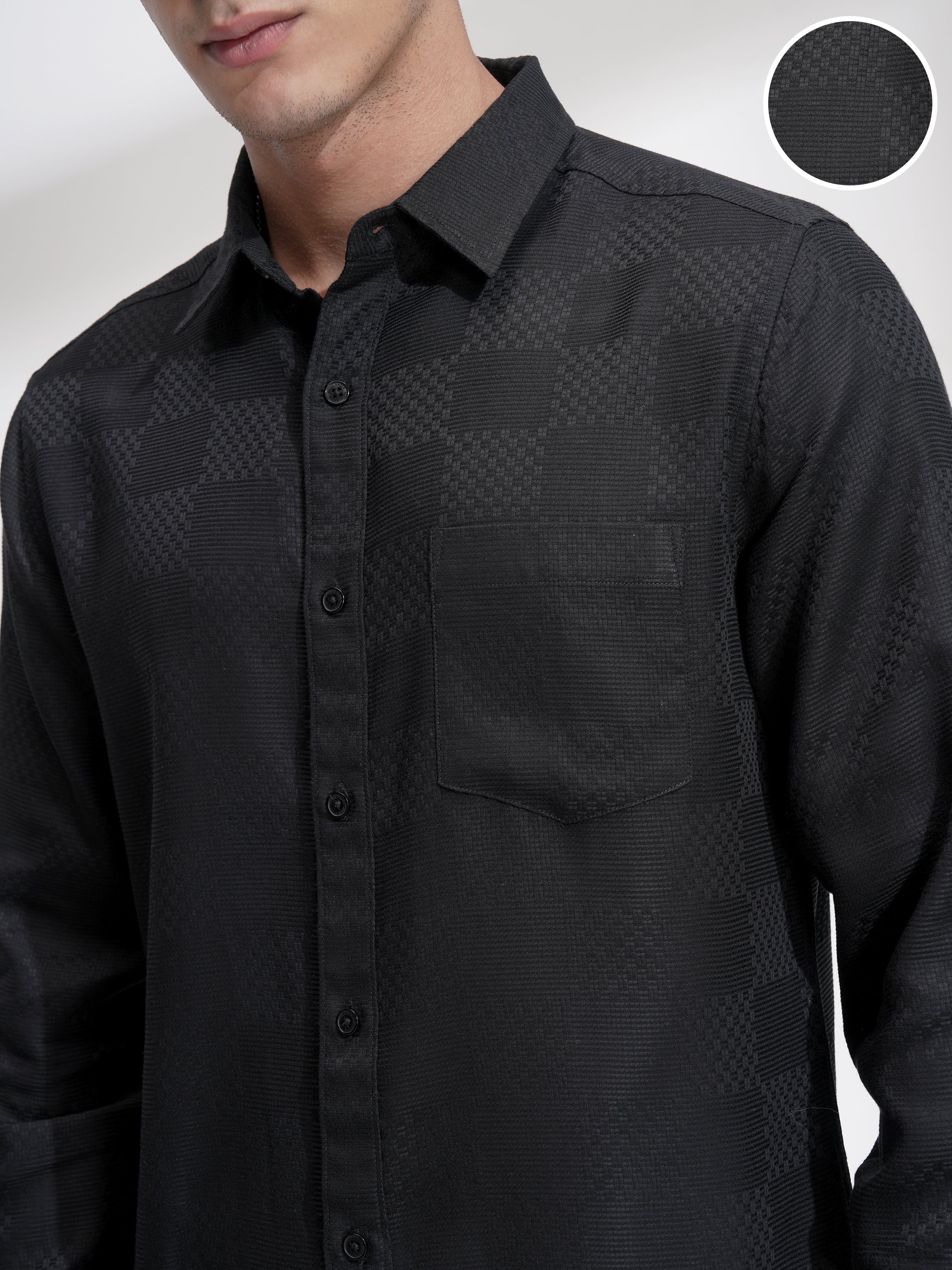 Highlander Men Black Self Design Slim Fit Casual Shirt - Black - Image 5