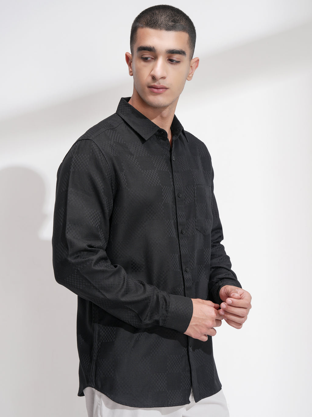 Highlander Men Black Self Design Slim Fit Casual Shirt - Black - Image 6