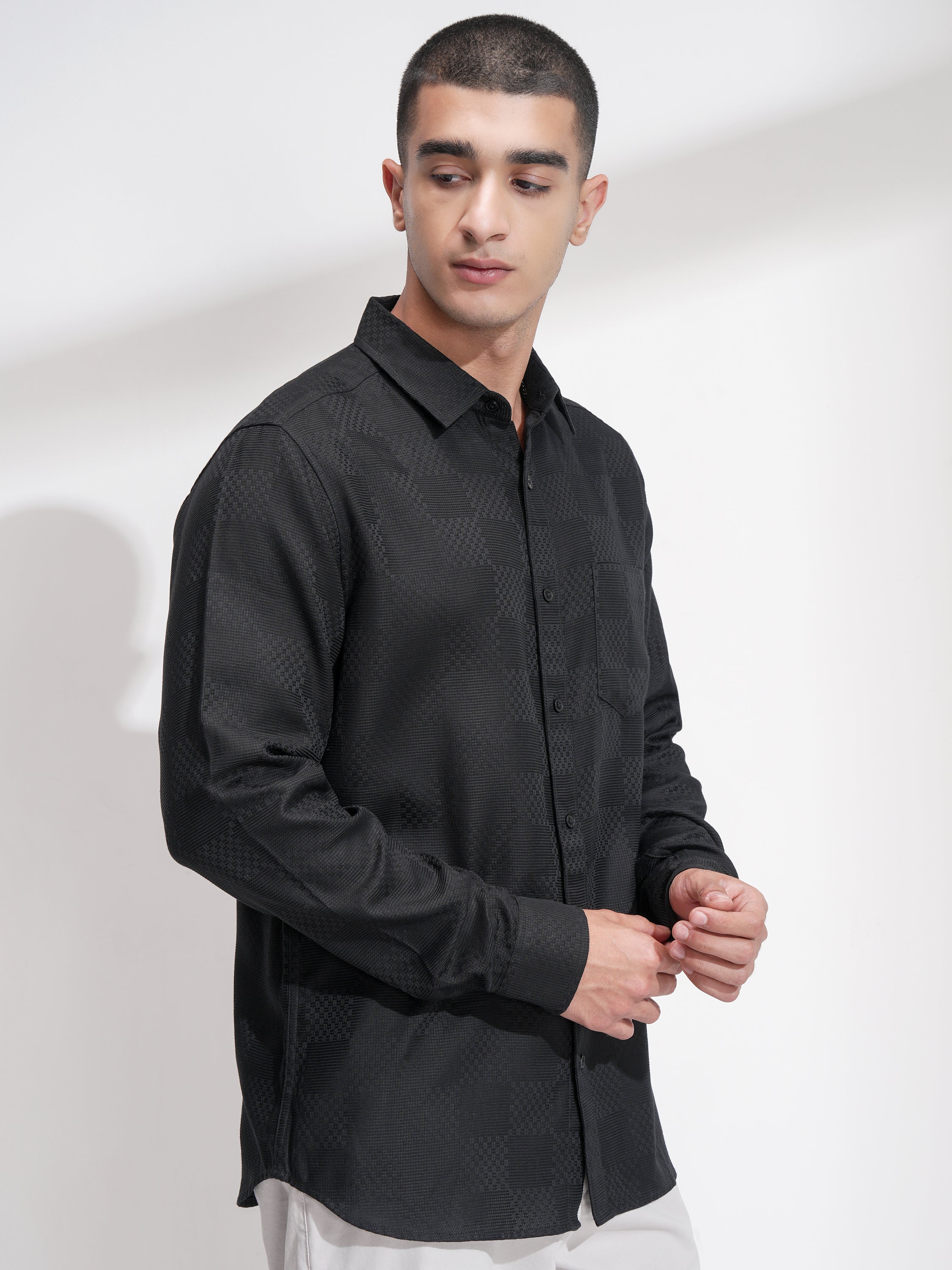 Highlander Men Black Self Design Slim Fit Casual Shirt - Black - Image 6