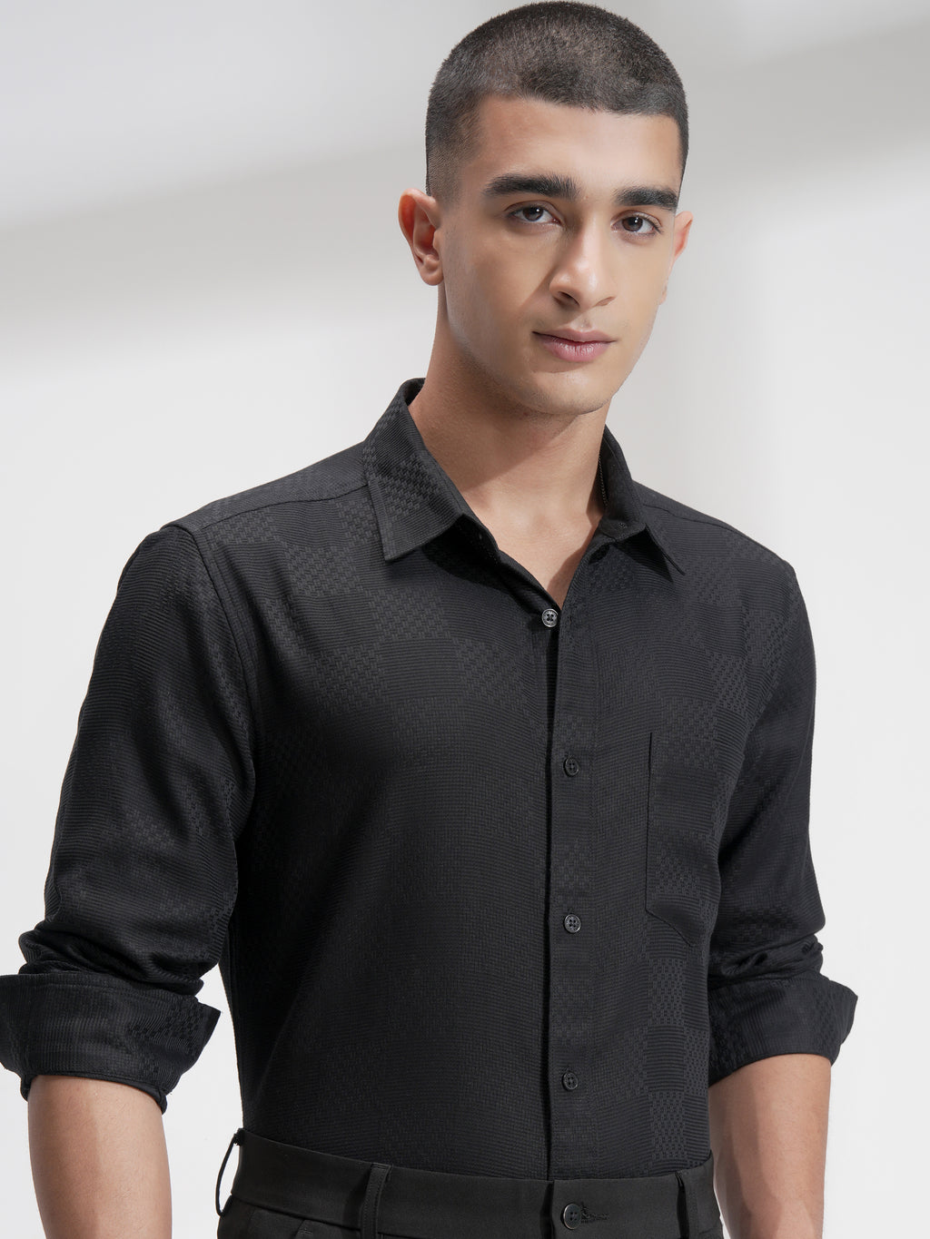 Highlander Men Black Self Design Slim Fit Casual Shirt - Black - Image 1