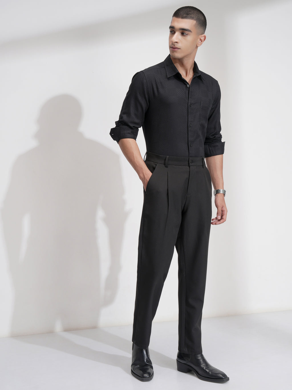 Highlander Men Black Self Design Slim Fit Casual Shirt - Black - Image 2