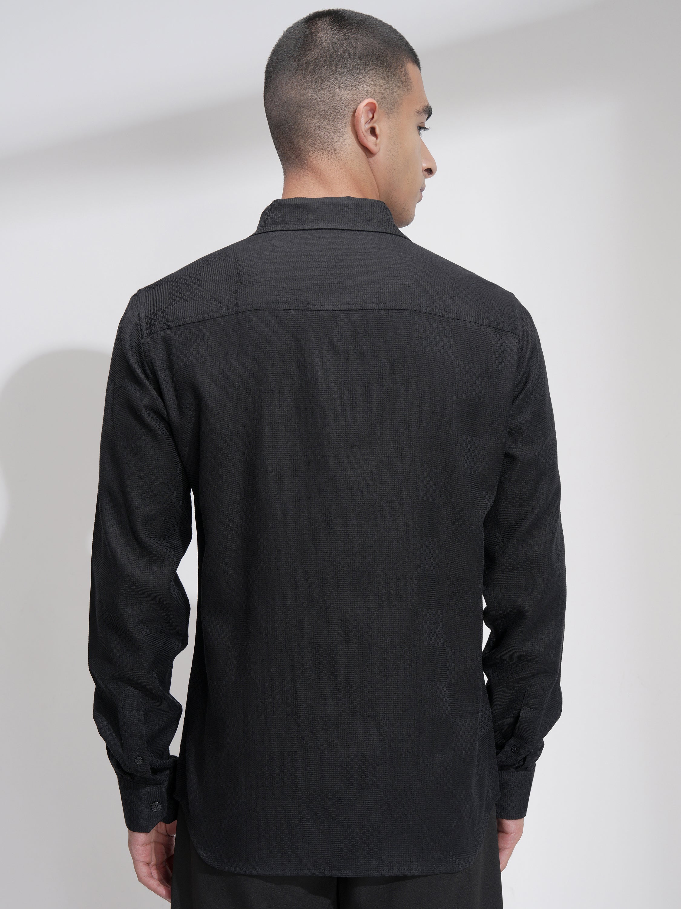 Highlander Men Black Self Design Slim Fit Casual Shirt - Black - Image 3