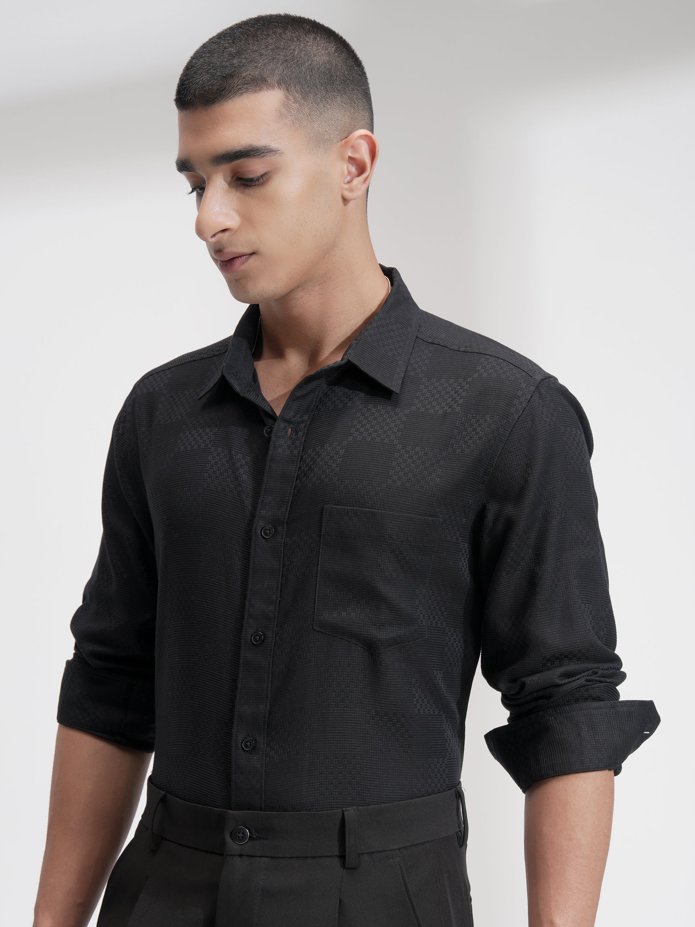 Highlander Men Black Self Design Slim Fit Casual Shirt - Black - Image 4