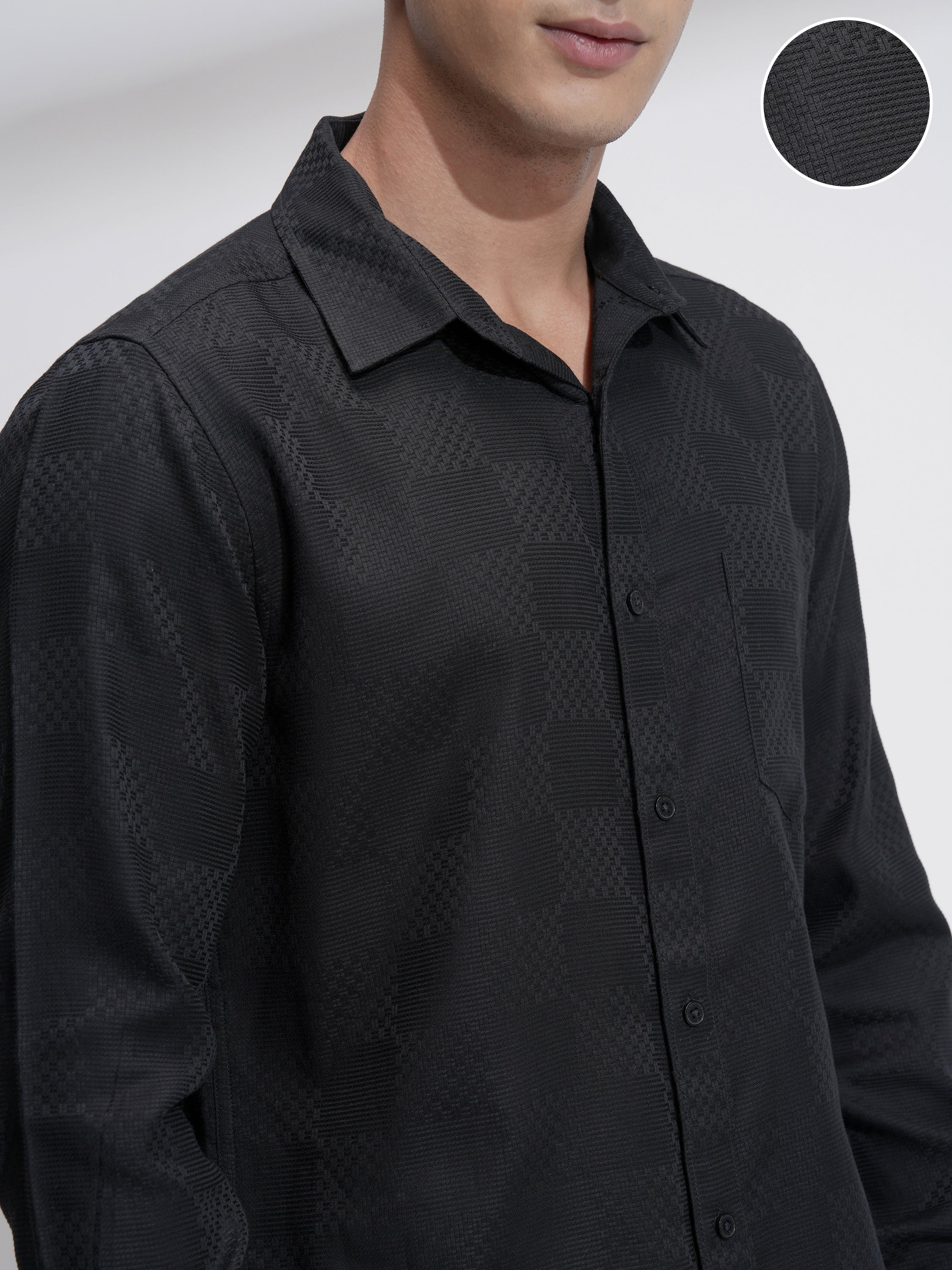 Highlander Men Black Self Design Slim Fit Casual Shirt - Black - Image 5