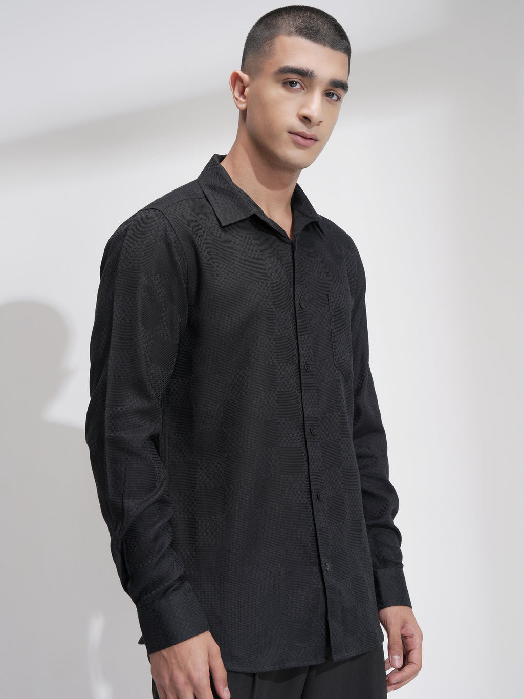 Highlander Men Black Self Design Slim Fit Casual Shirt - Black - Image 6