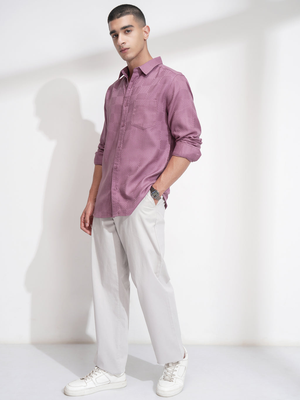 Highlander Men Pink Self Design Slim Fit Casual Shirt - Pink - Image 2