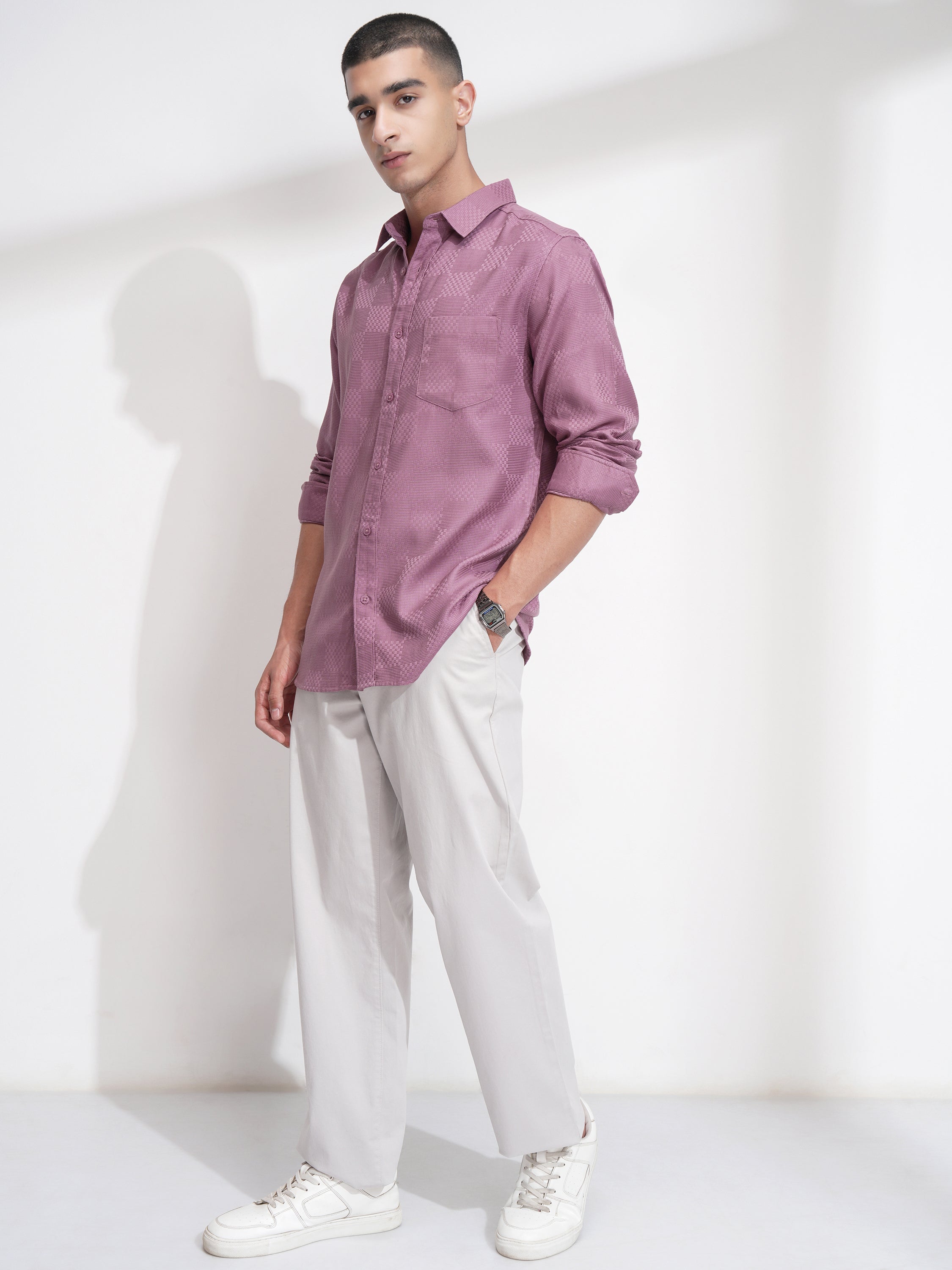 Highlander Men Pink Self Design Slim Fit Casual Shirt - Pink - Image 2