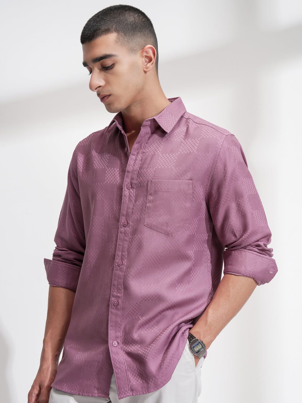Highlander Men Pink Self Design Slim Fit Casual Shirt - Pink - Image 4