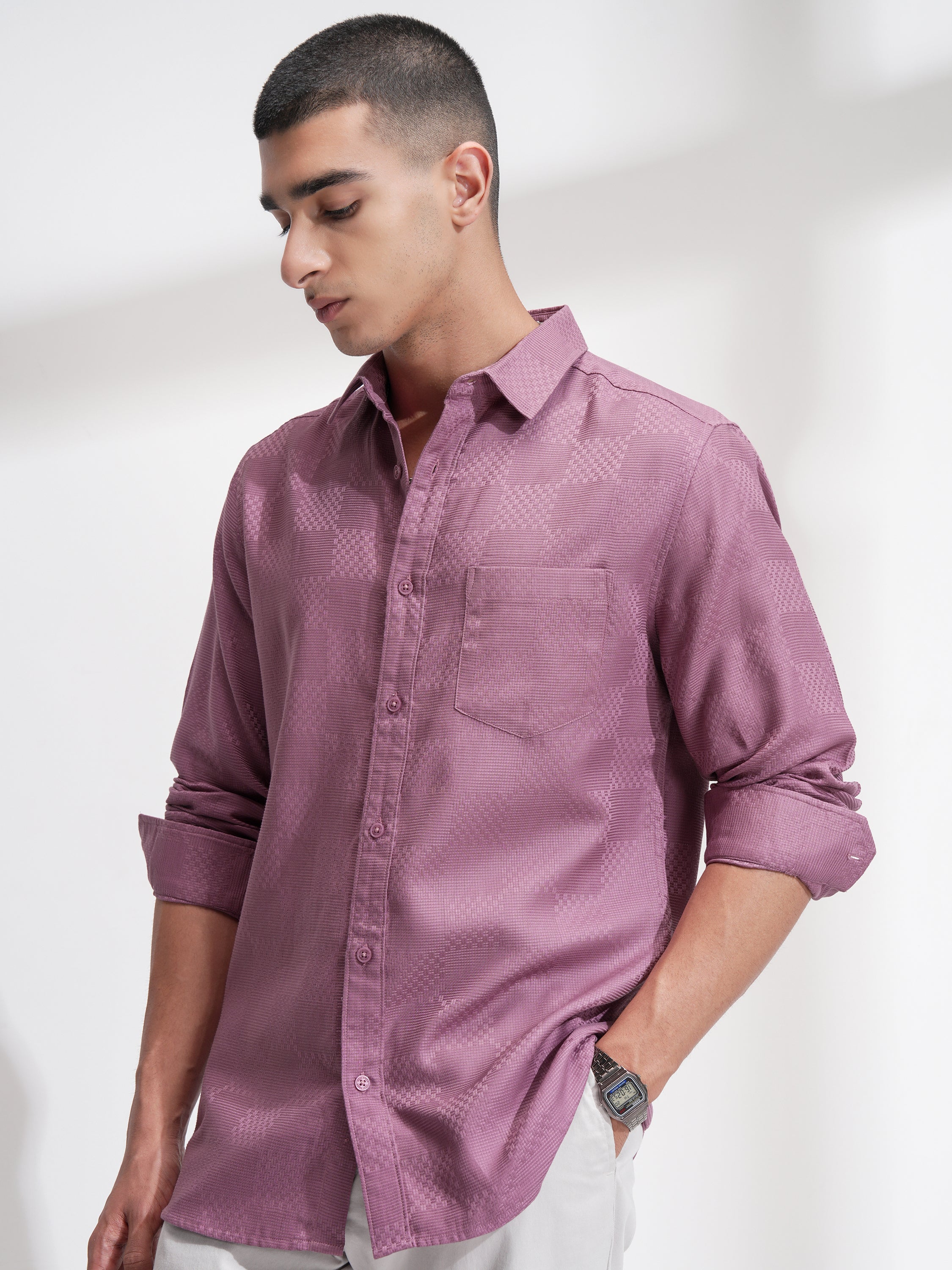 Highlander Men Pink Self Design Slim Fit Casual Shirt - Pink - Image 4