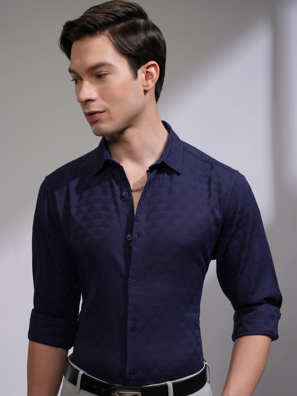 Highlander Men Navy Blue Self Design Slim Fit Casual Shirt - Navy Blue - Image 1