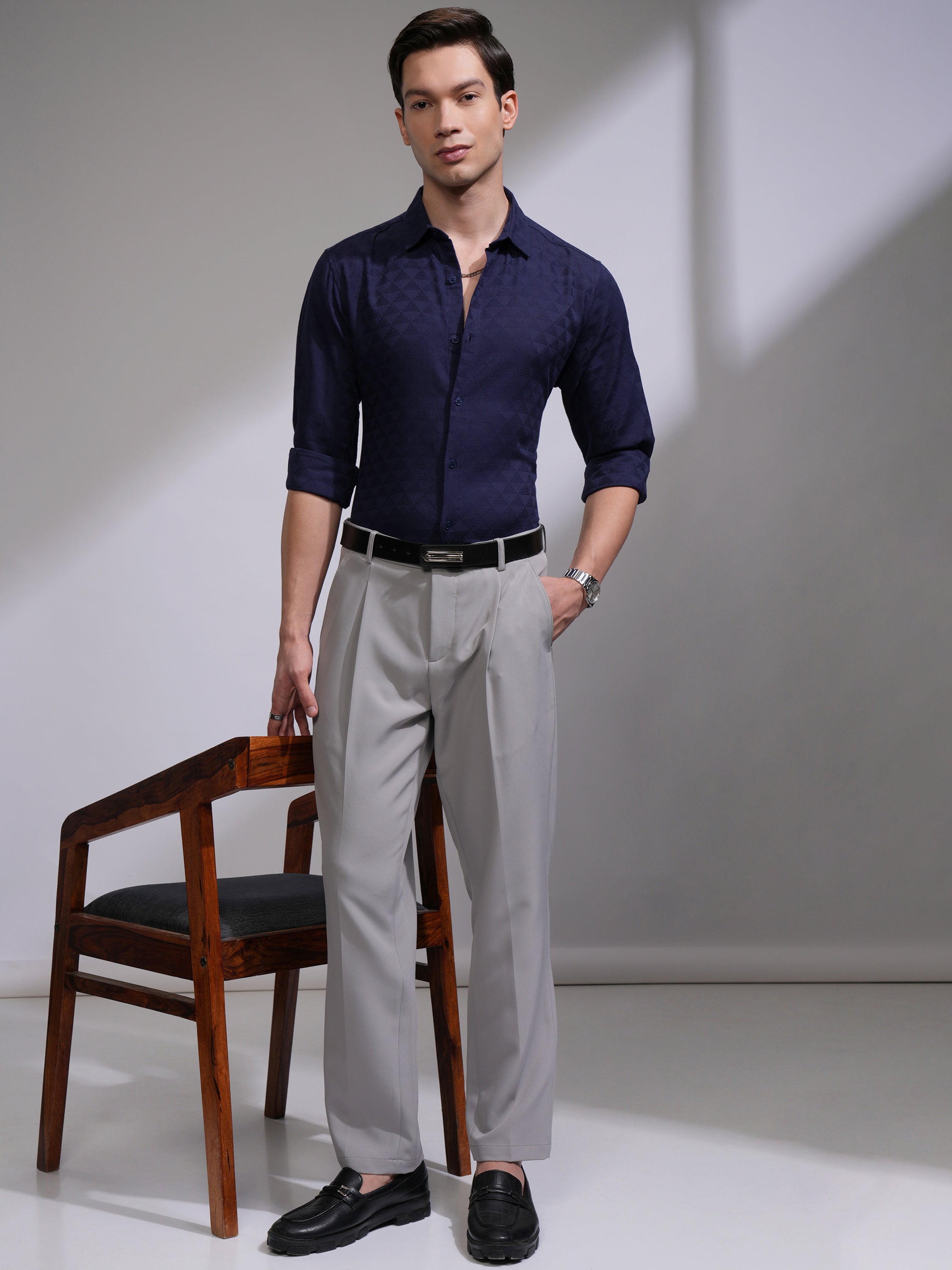 Highlander Men Navy Blue Self Design Slim Fit Casual Shirt - Navy Blue - Image 2