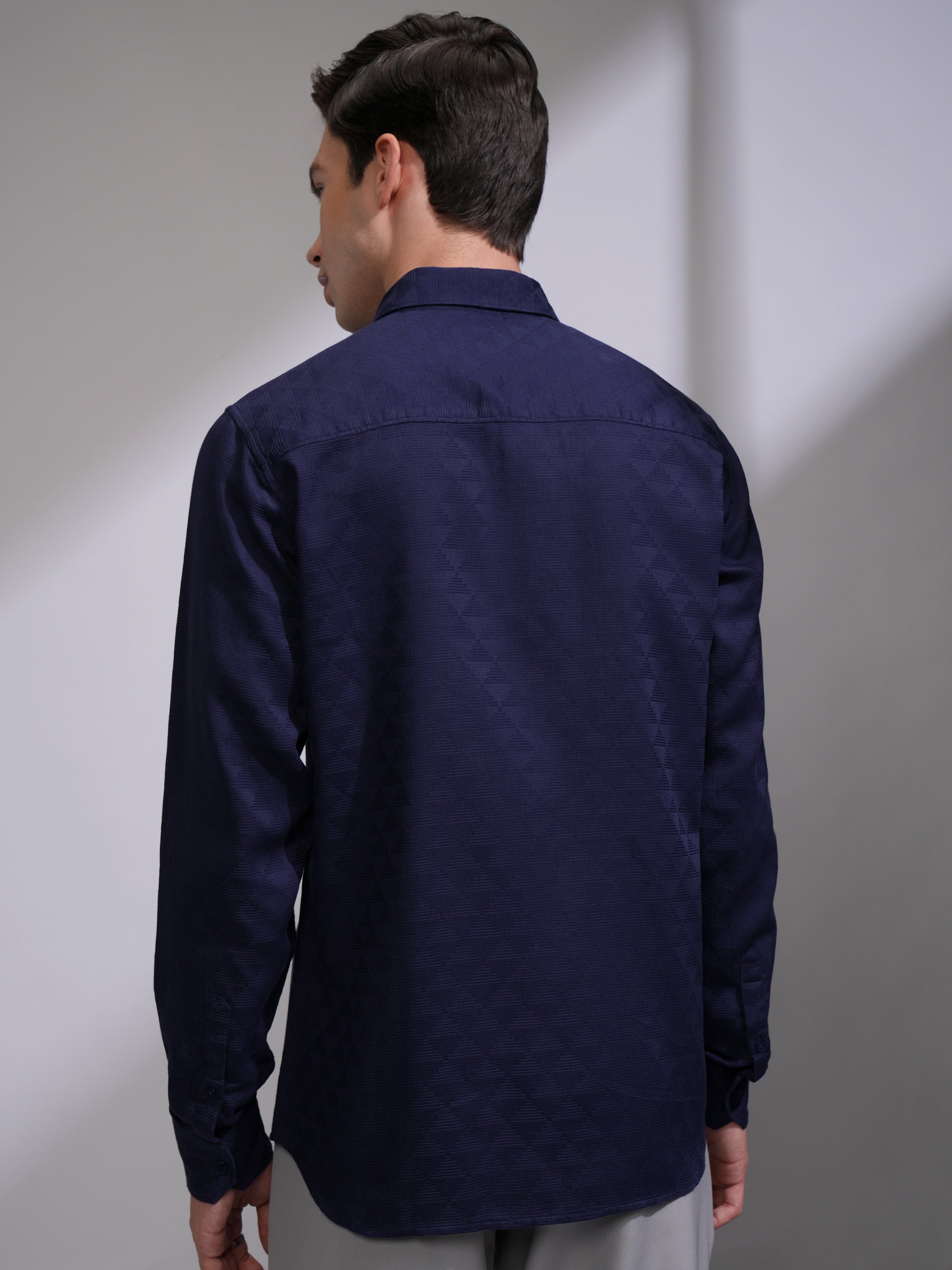 Highlander Men Navy Blue Self Design Slim Fit Casual Shirt - Navy Blue - Image 3