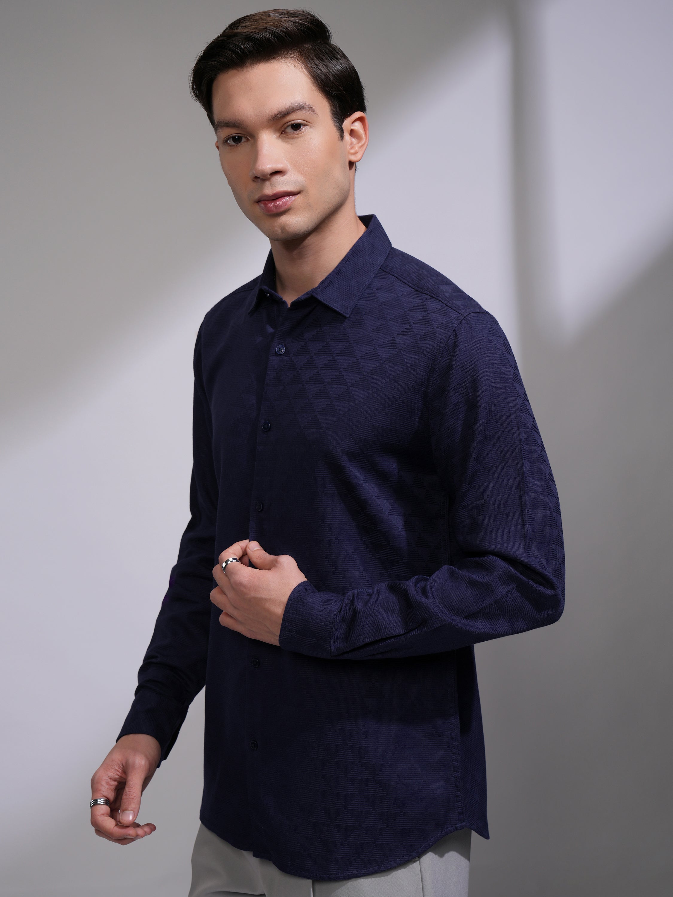 Highlander Men Navy Blue Self Design Slim Fit Casual Shirt - Navy Blue - Image 4