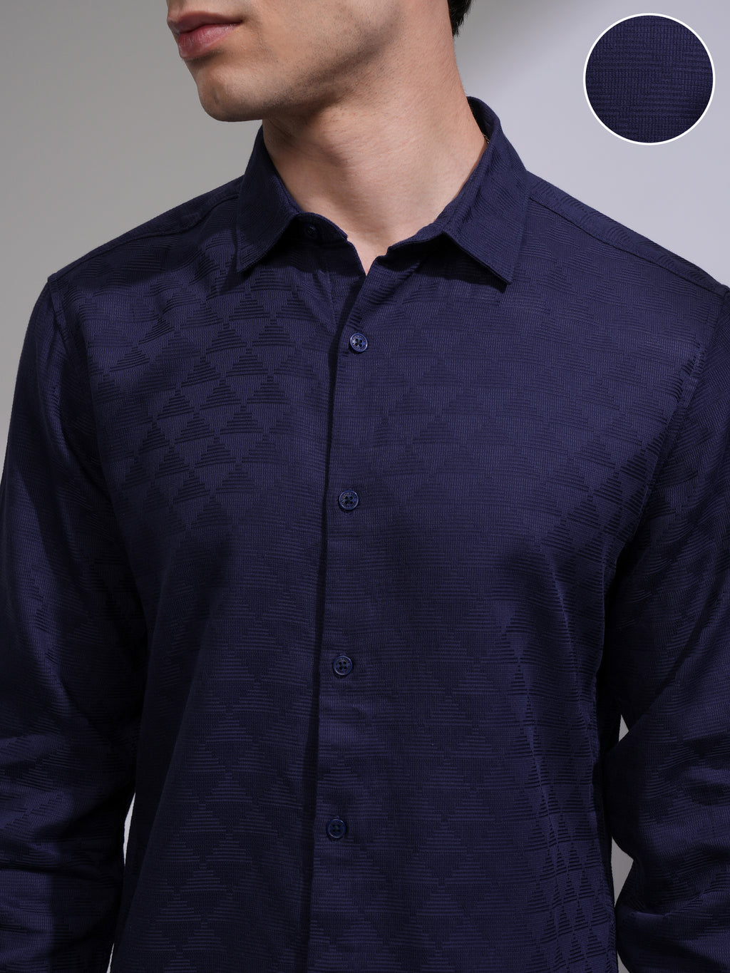 Highlander Men Navy Blue Self Design Slim Fit Casual Shirt - Navy Blue - Image 5