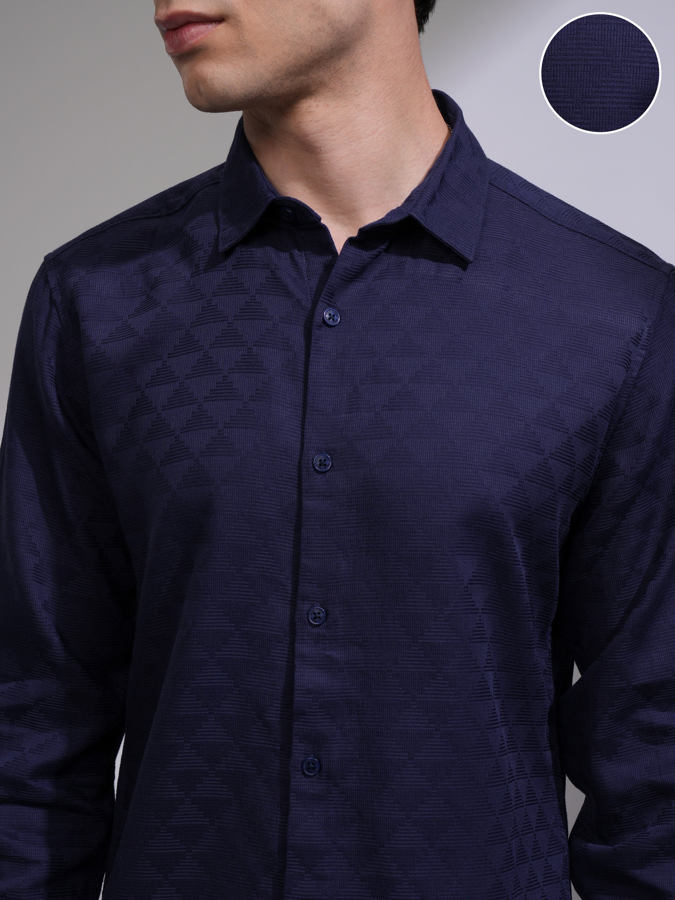 Highlander Men Navy Blue Self Design Slim Fit Casual Shirt - Navy Blue - Image 5