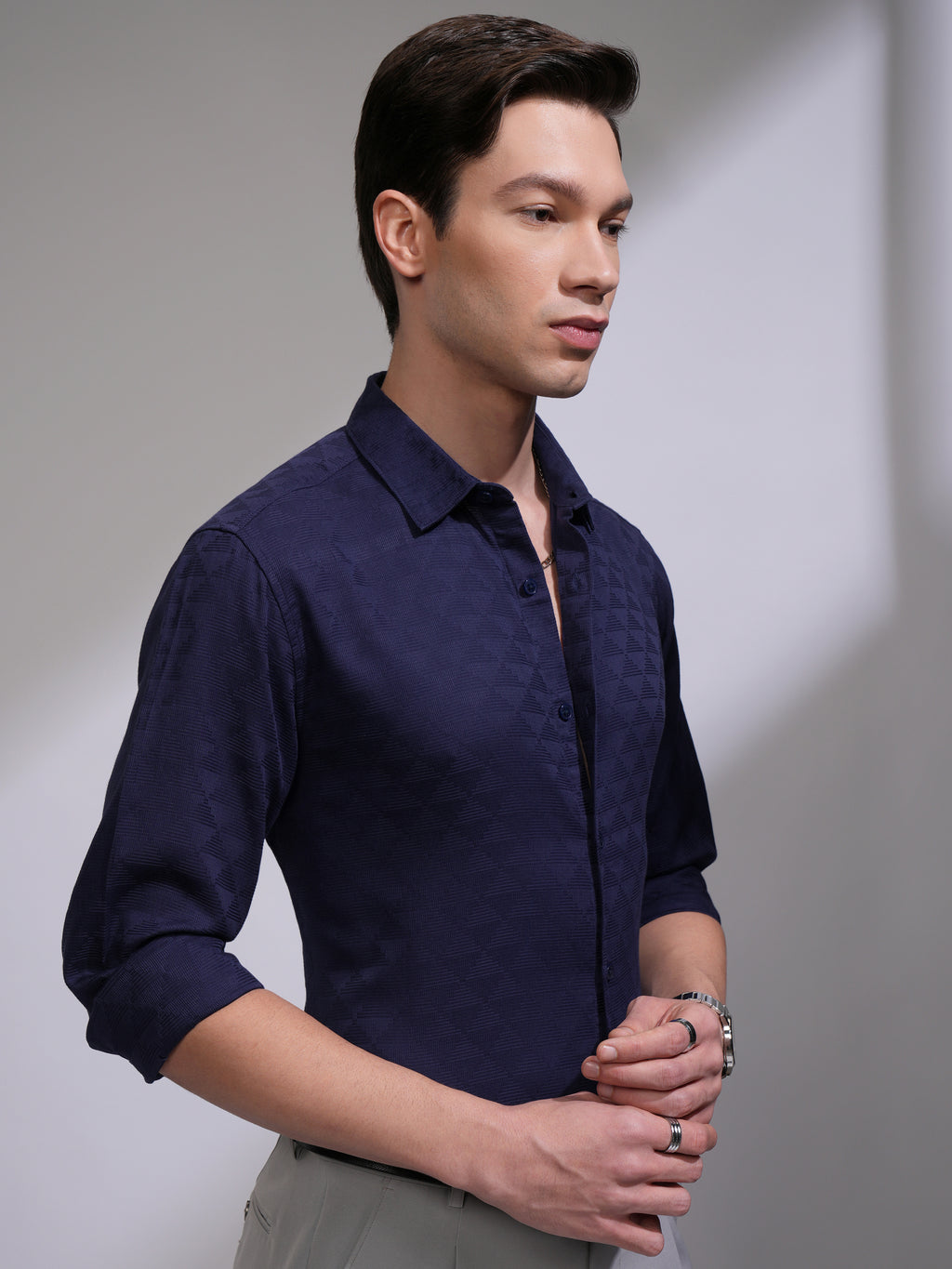 Highlander Men Navy Blue Self Design Slim Fit Casual Shirt - Navy Blue - Image 6