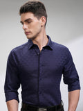 Highlander Men Navy Blue Self Design Slim Fit Casual Shirt - Navy Blue - Image 1