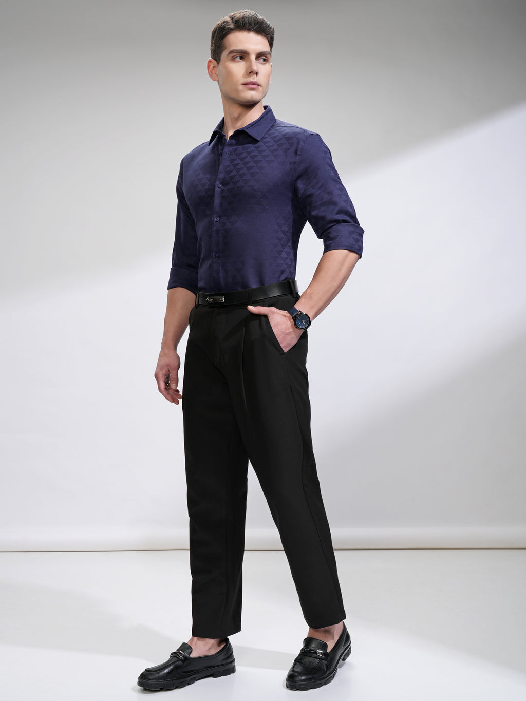 Highlander Men Navy Blue Self Design Slim Fit Casual Shirt - Navy Blue - Image 2