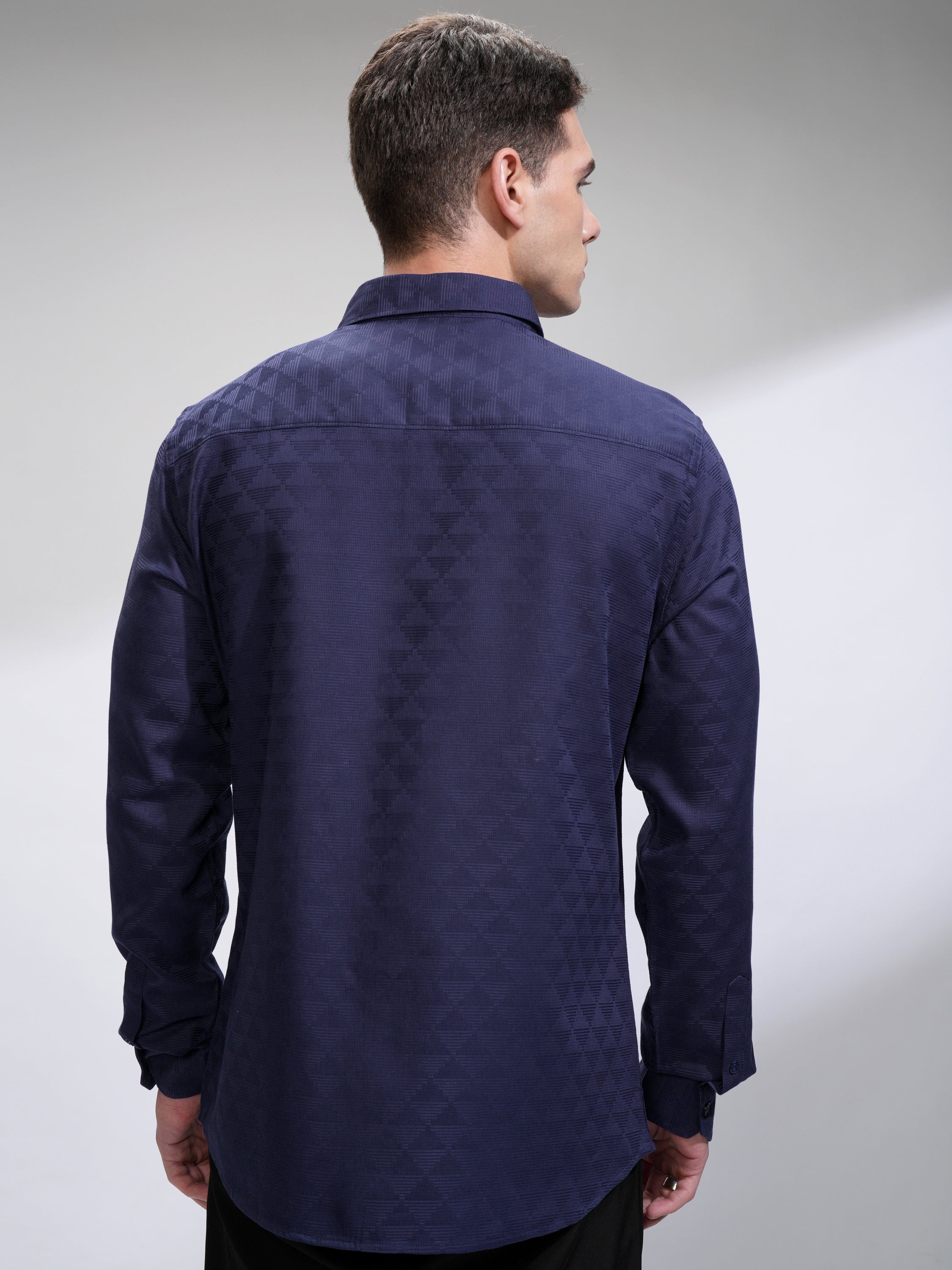 Highlander Men Navy Blue Self Design Slim Fit Casual Shirt - Navy Blue - Image 3