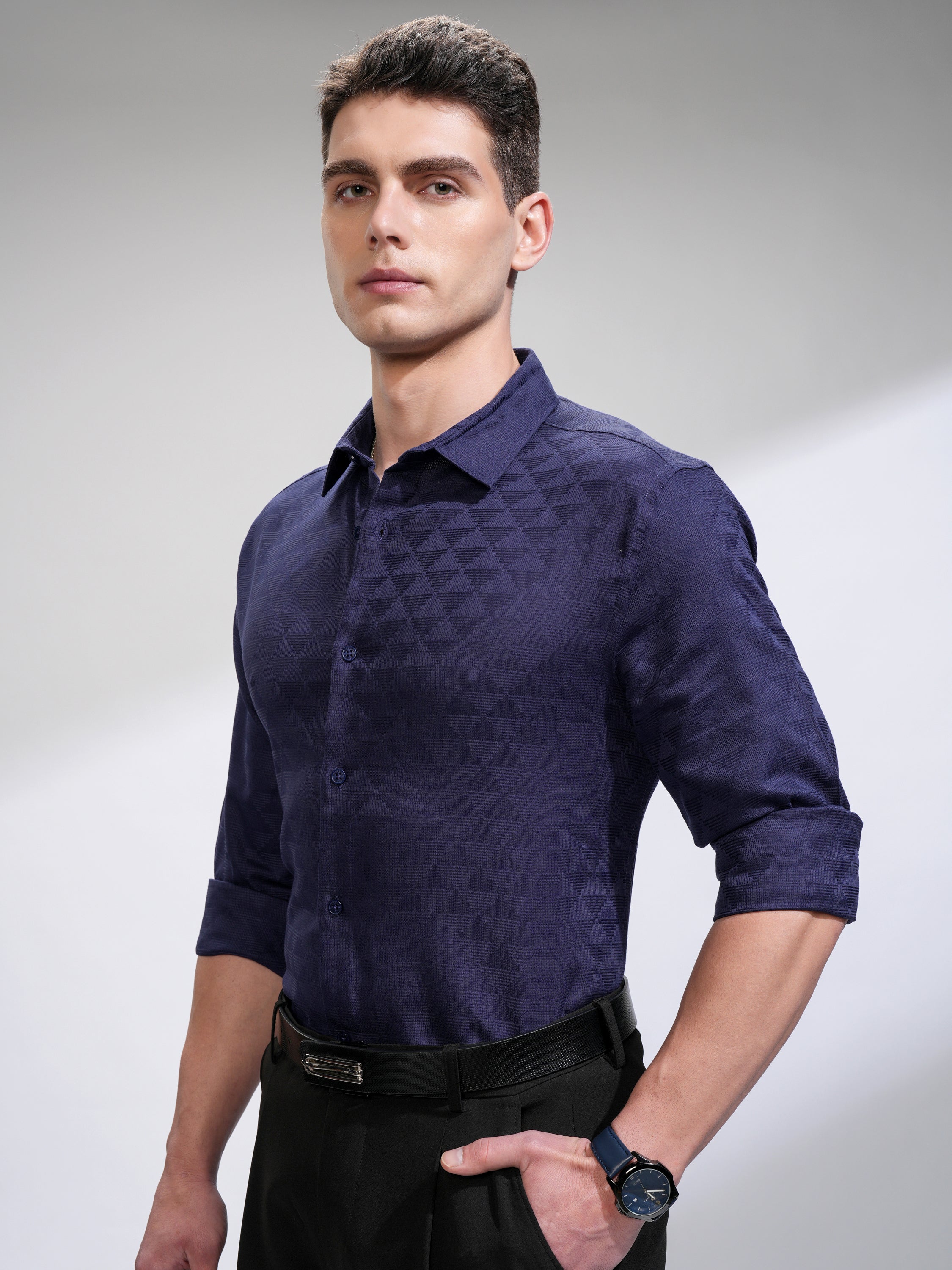 Highlander Men Navy Blue Self Design Slim Fit Casual Shirt - Navy Blue - Image 4