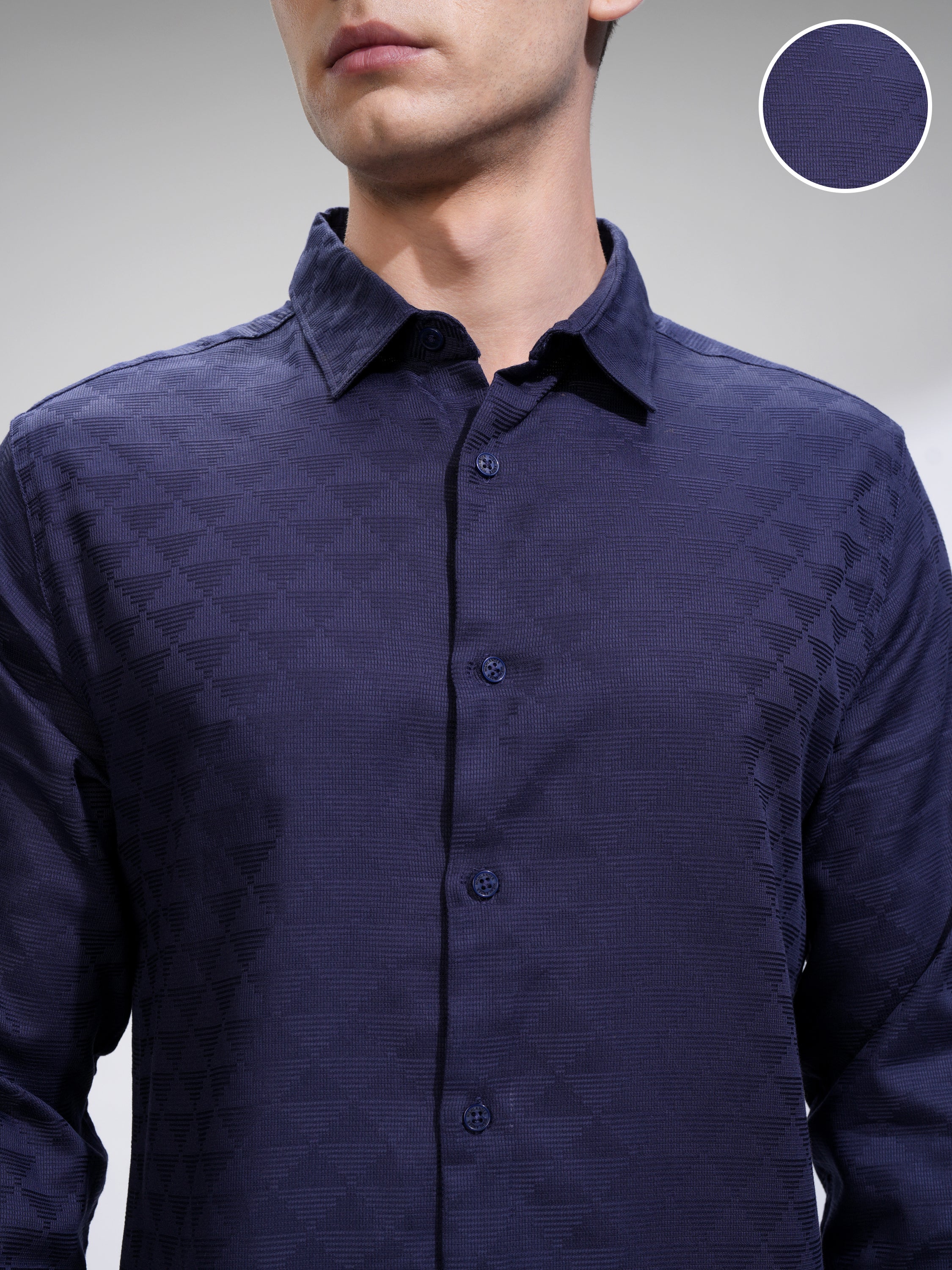 Highlander Men Navy Blue Self Design Slim Fit Casual Shirt - Navy Blue - Image 5