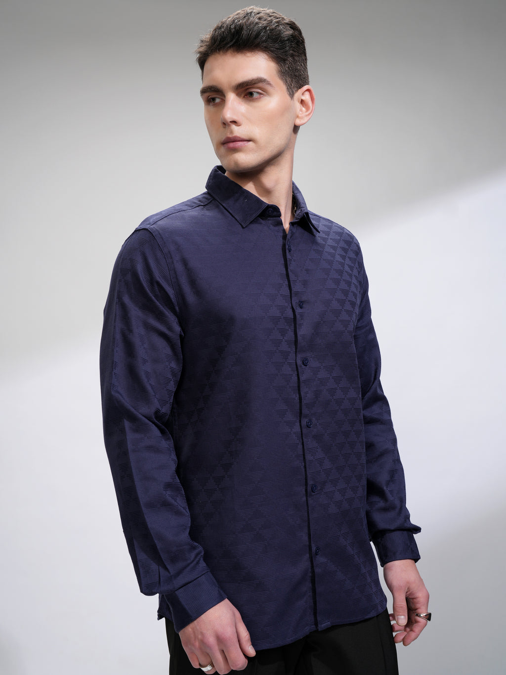 Highlander Men Navy Blue Self Design Slim Fit Casual Shirt - Navy Blue - Image 6