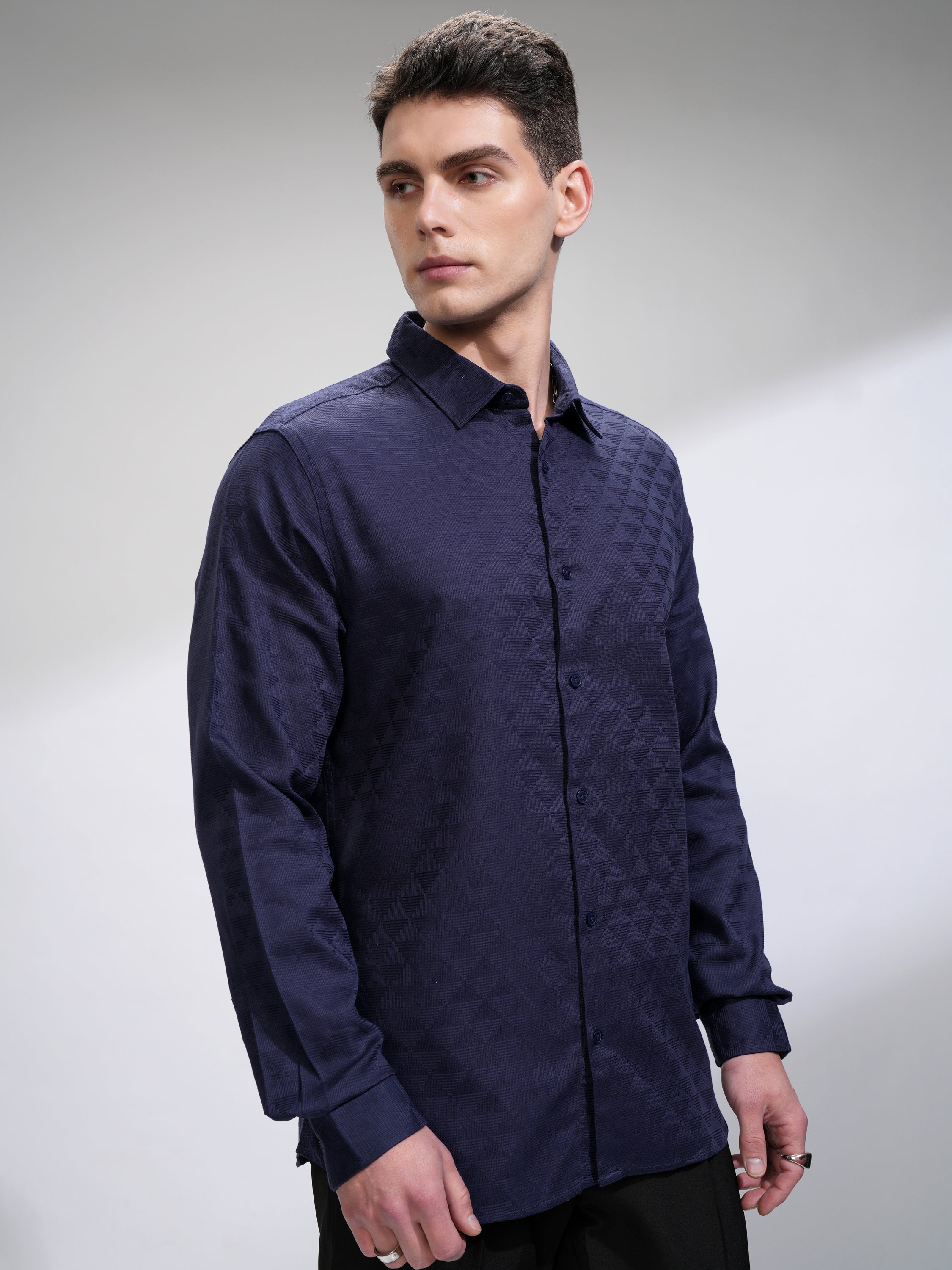 Highlander Men Navy Blue Self Design Slim Fit Casual Shirt - Navy Blue - Image 6
